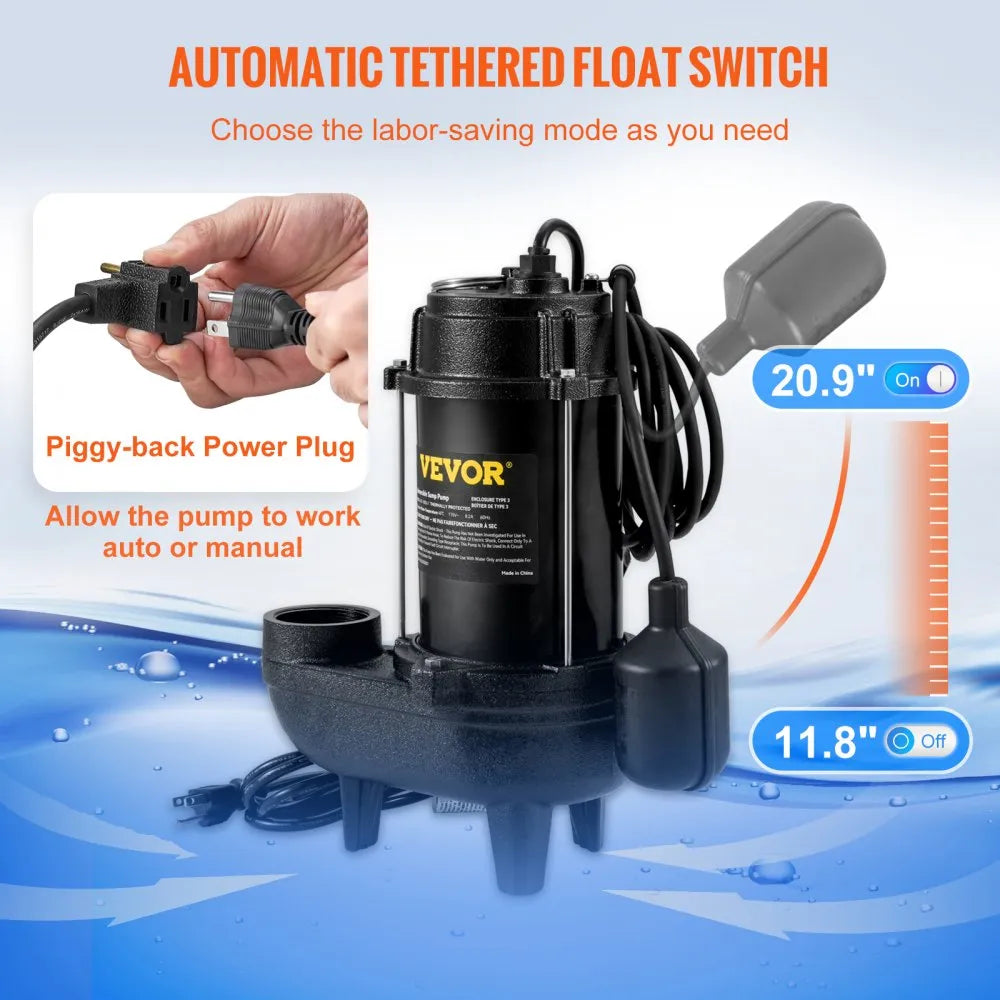 VEVOR Sewage Pump, 3/4 HP 5880 GPH 1050W, Submersible Cast Iron Ejector, with 2" Discharge and 10 ft Piggy-back Automatic Tether Float Switch, for Septic Tank, Basement, Residential Sewer Effluent