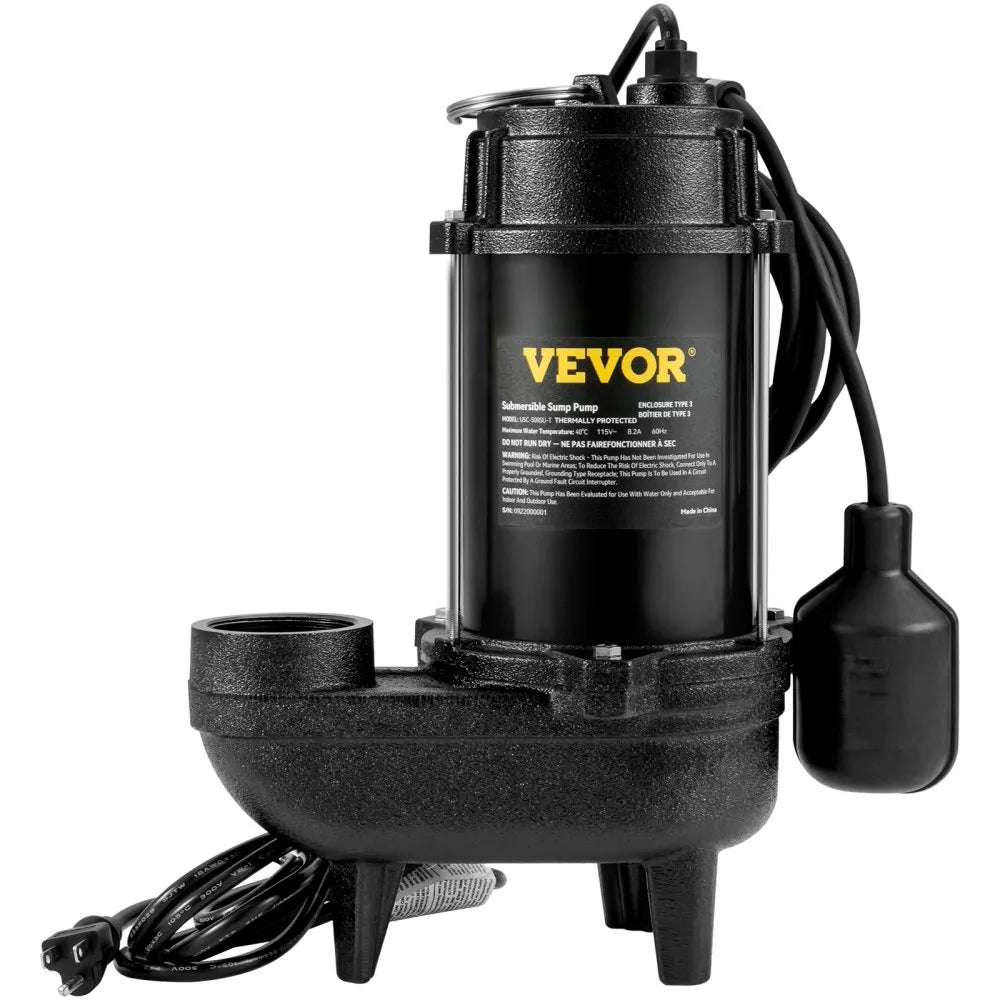 VEVOR Sewage Pump, 3/4 HP 5880 GPH 1050W, Submersible Cast Iron Ejector, with 2" Discharge and 10 ft Piggy-back Automatic Tether Float Switch, for Septic Tank, Basement, Residential Sewer Effluent