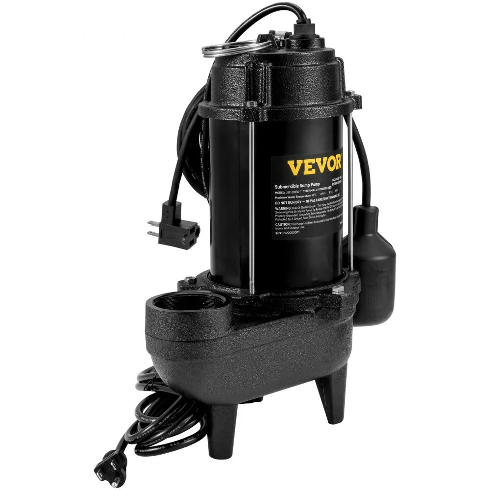 VEVOR Sewage Pump, 3/4 HP 5880 GPH 1050W, Submersible Cast Iron Ejector, with 2" Discharge and 10 ft Piggy-back Automatic Tether Float Switch, for Septic Tank, Basement, Residential Sewer Effluent
