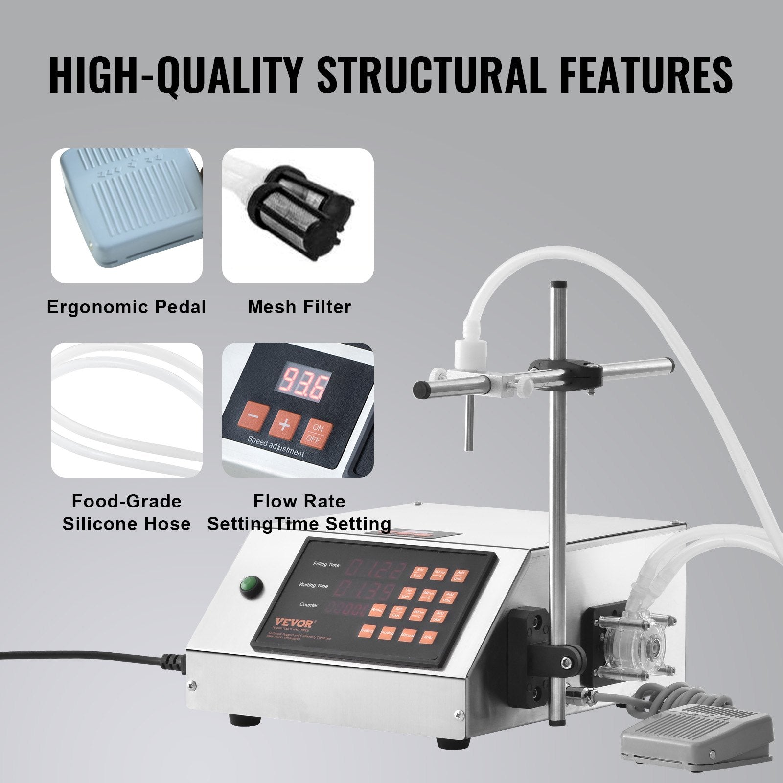 VEVOR Liquid Filling Machine, 5-650ml Filling Capacity, Automatic Bottle Filler Machine, Bottling Machine Peristaltic Pump Digital Control for Milk, Water, Wine, Beverage, Soy Sauce (Single Nozzle)