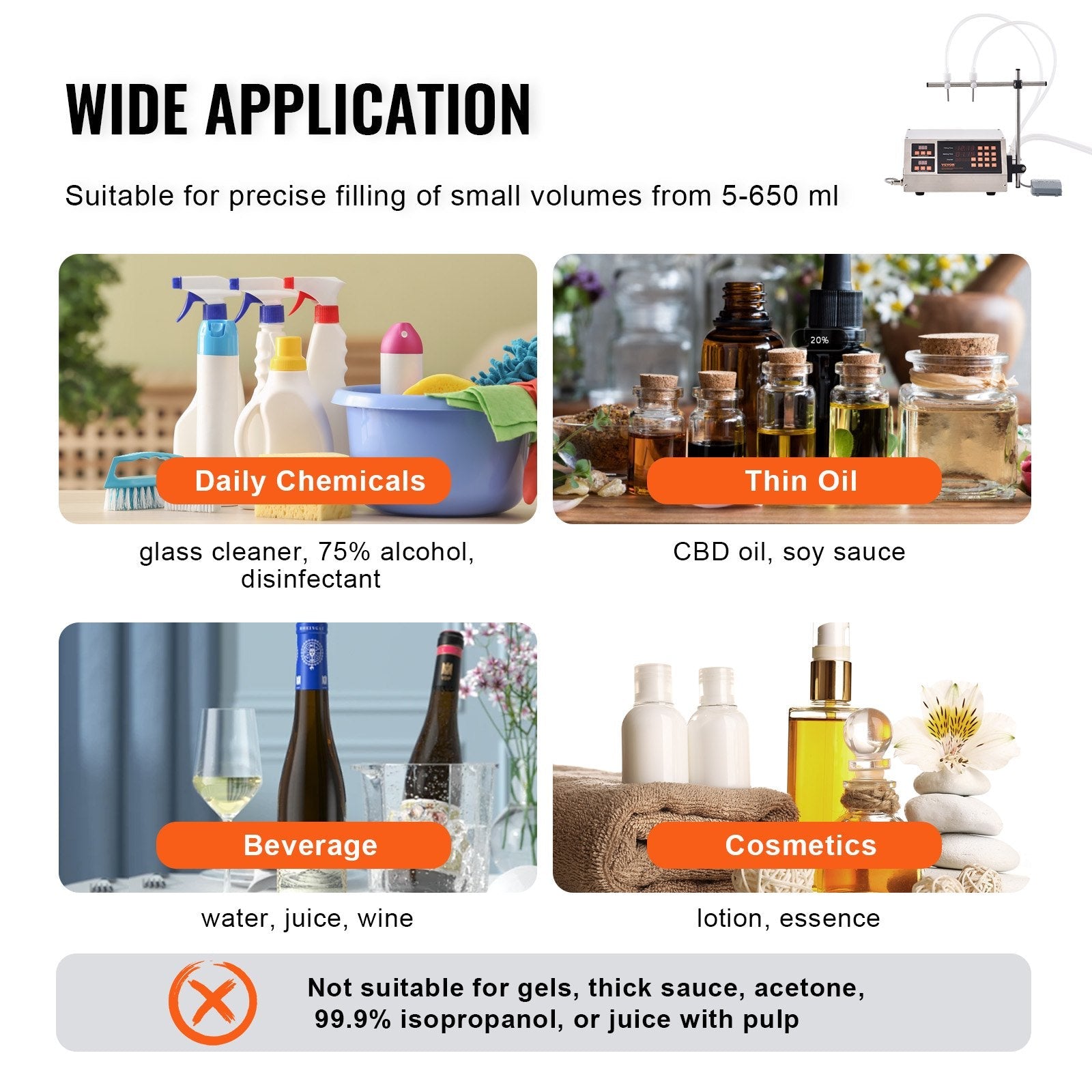 VEVOR Liquid Filling Machine, 5-650ml Filling Capacity, Automatic Bottle Filler Machine, Bottling Machine Peristaltic Pump Digital Control for Milk, Water, Wine, Beverage, Soy Sauce (Single Nozzle)