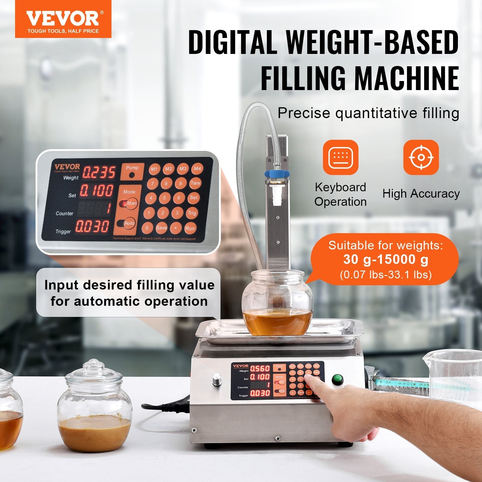 VEVOR Liquid Filling Machine, 30-15000 g Weighing Capacity, Automatic Bottle Filler Machine Bottling Machine Digital Control for Milk, Water, Oil, Wine, Beverage, Detergent, Shampoo (Single Nozzle)