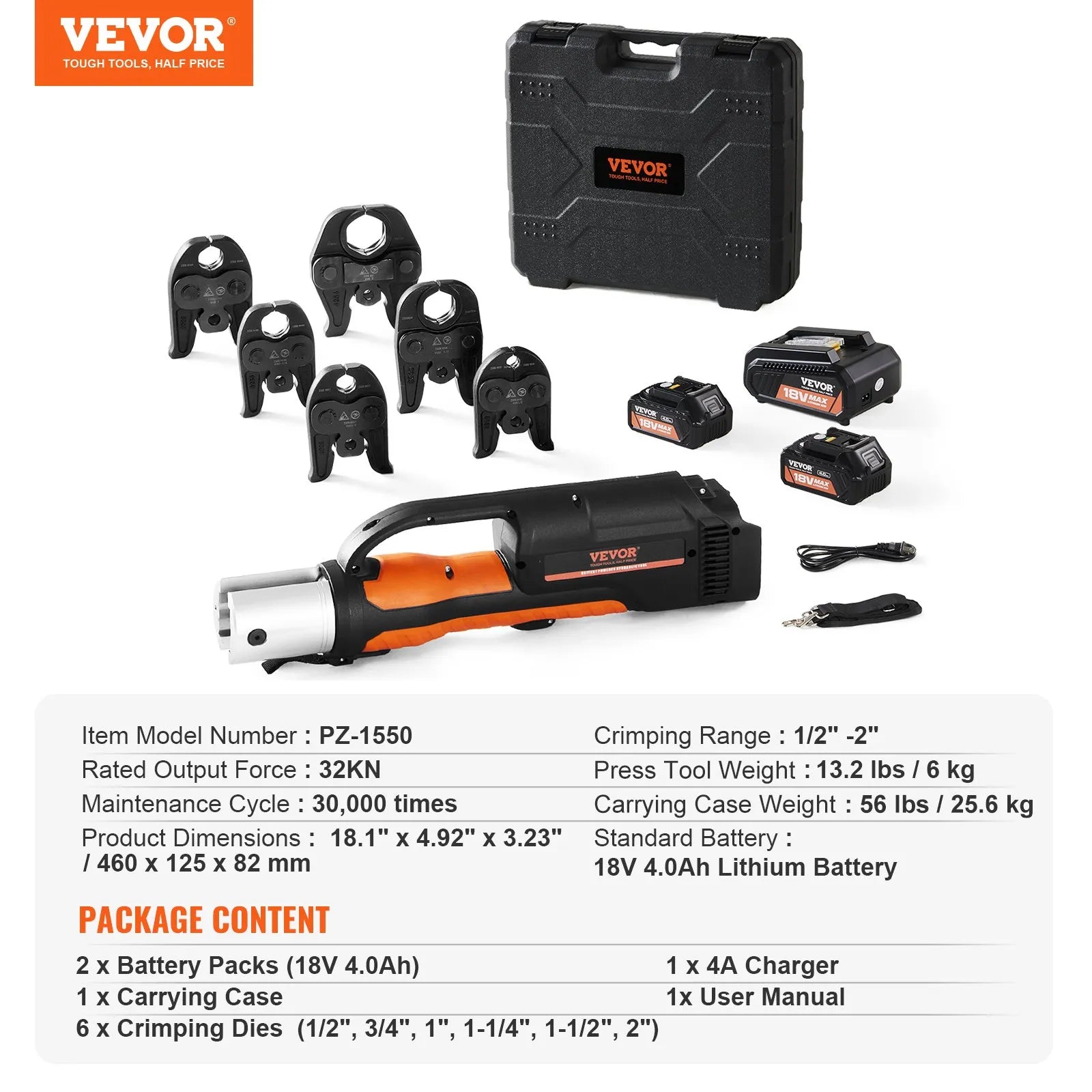 VEVOR Pro Press Tool, 18V Electric Pipe Crimping Tool for 1/2" to 2" Copper Pipes, Press Tool Kit with 6 Pro Press Jaws, 2pcs 4AH Battery, Fast Charger & Carrying Case