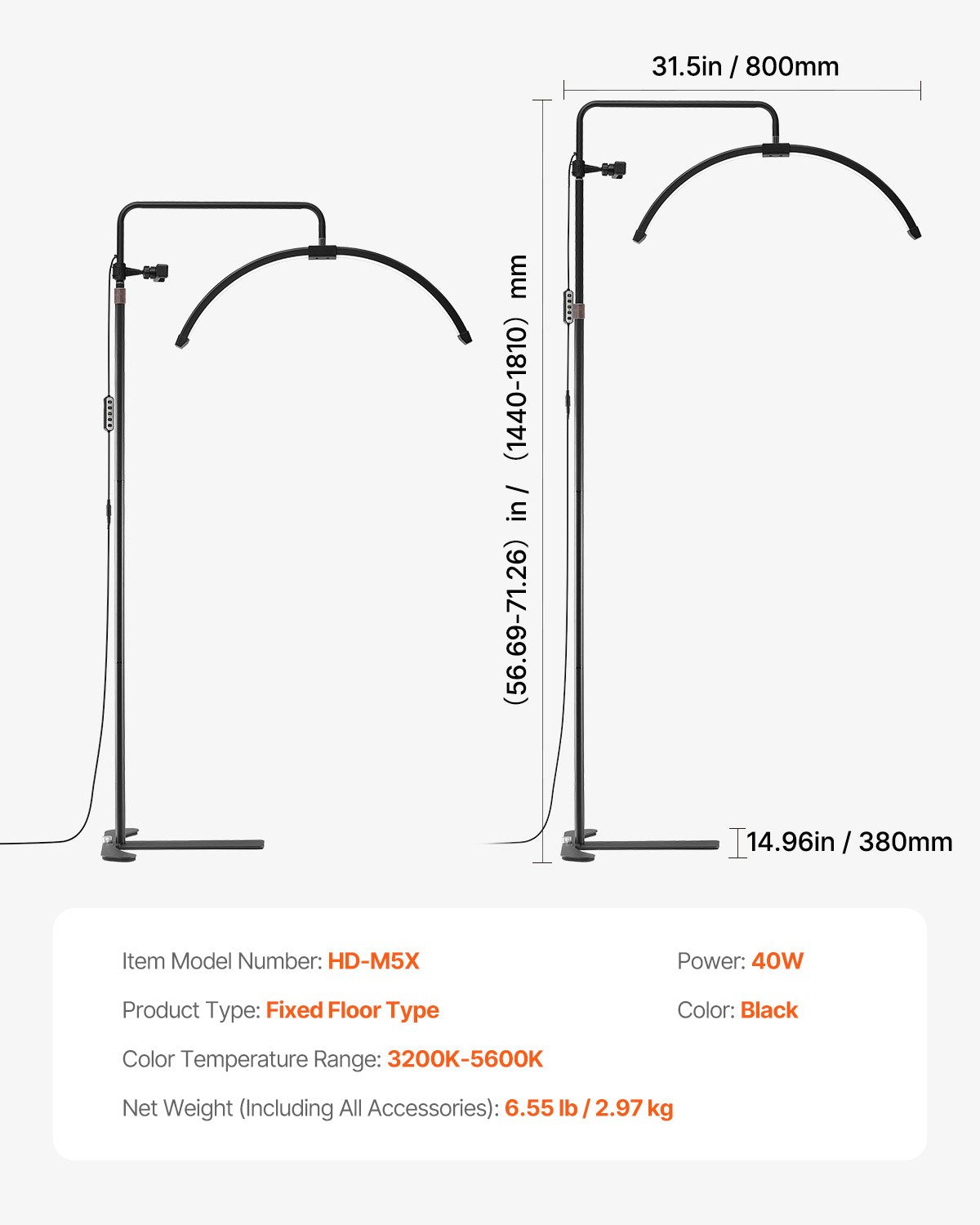 Half Moon Light for Esthetician 26inch Dimmable LED Floor Lamp Lash Light Arched