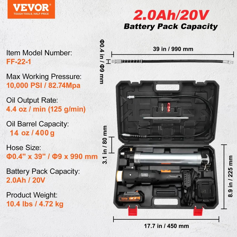 VEVOR Cordless Grease Gun, 20-Volt, 10,000 PSI, 39" Long Hose, Electric Grease Gun Kit Professional High Pressure Battery Powered Grease Gun with Carrying Case, Battery and Charger Included, Black