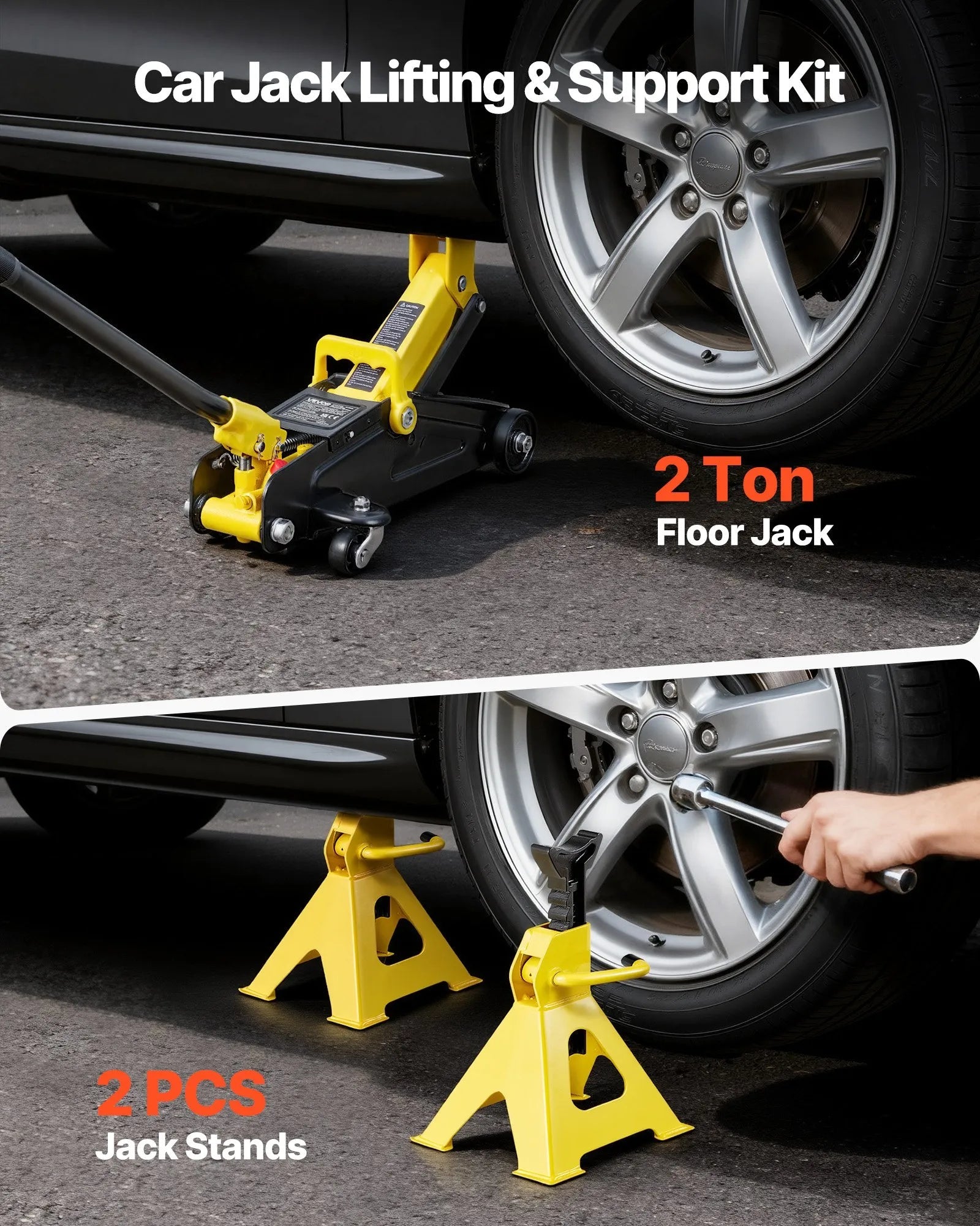 VEVOR Low Profile Floor Jack, 2 Ton (4400 lbs) Capacity, Steel Racing Floor Jack with Stands, Single Piston Quick Lift Pump, Hydraulic Trolley Car Lift for Compact SUVs, Lifting Range 5.1-12.2 Inches