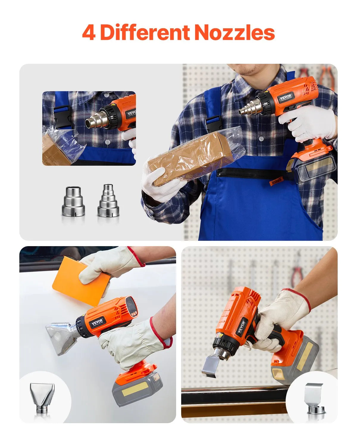 VEVOR Cordless Heat Gun Hot Air Gun with LCD Display Multi-Level Temp & 4 Nozzle