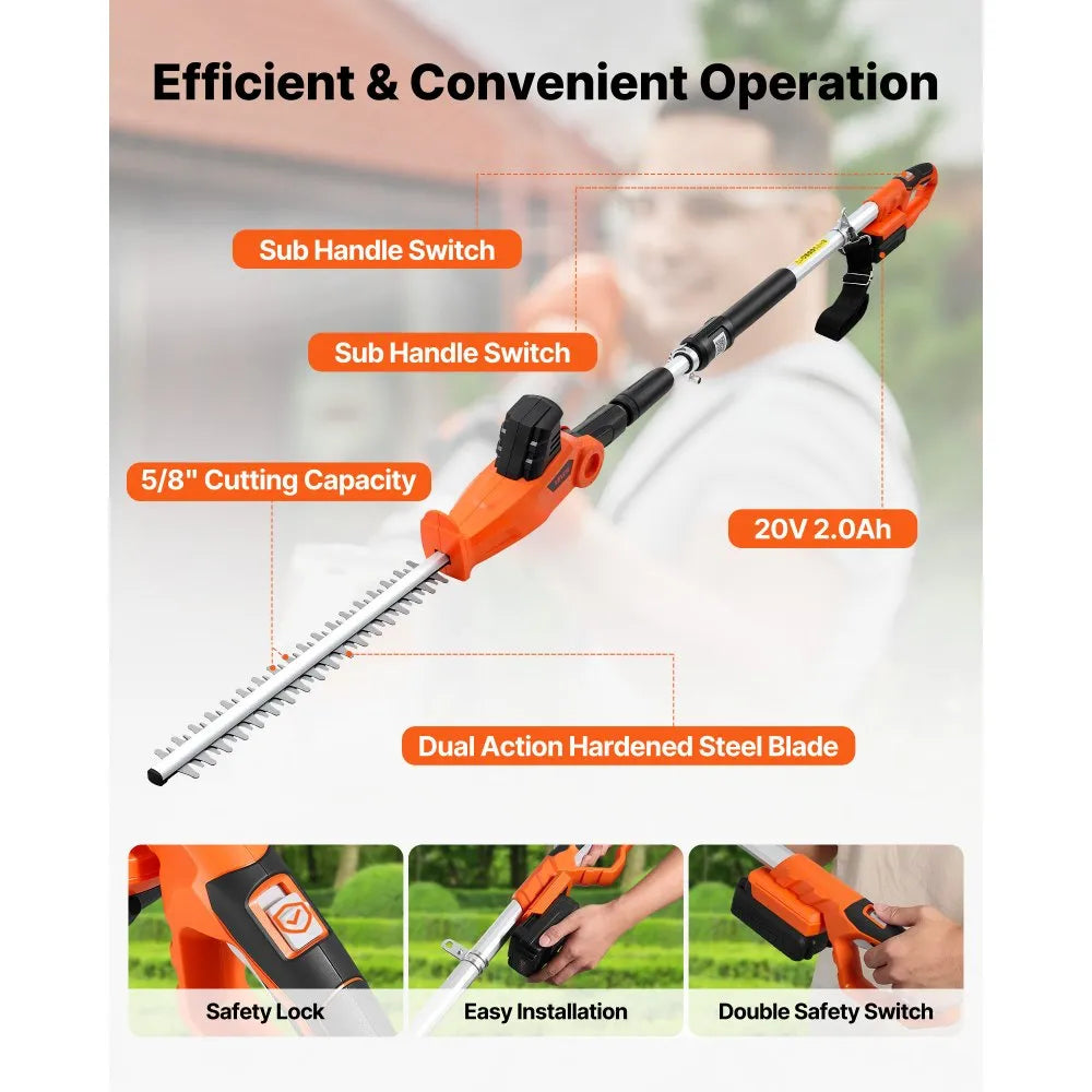 Cordless Pole Hedge Trimmer, 20V Electric Telescoping Hedge Trimmer Kit with 18" Dual-Action Steel Blade, Battery & Fast Charger Included