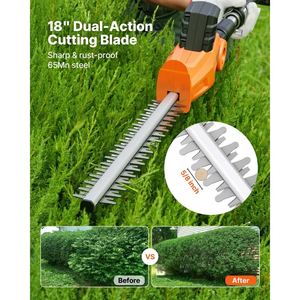Cordless Pole Hedge Trimmer, 20V Electric Telescoping Hedge Trimmer Kit with 18" Dual-Action Steel Blade, Battery & Fast Charger Included