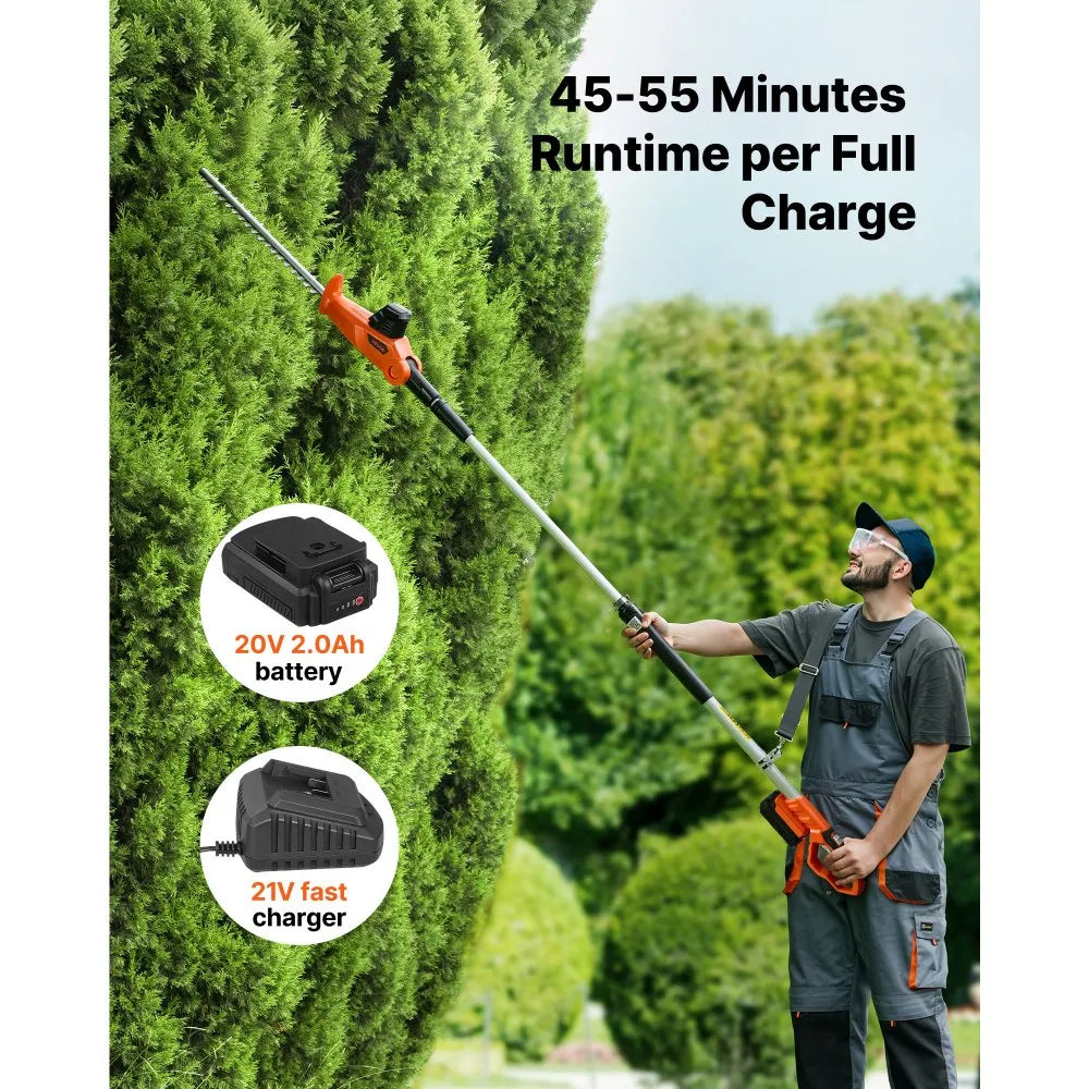 Cordless Pole Hedge Trimmer, 20V Electric Telescoping Hedge Trimmer Kit with 18" Dual-Action Steel Blade, Battery & Fast Charger Included