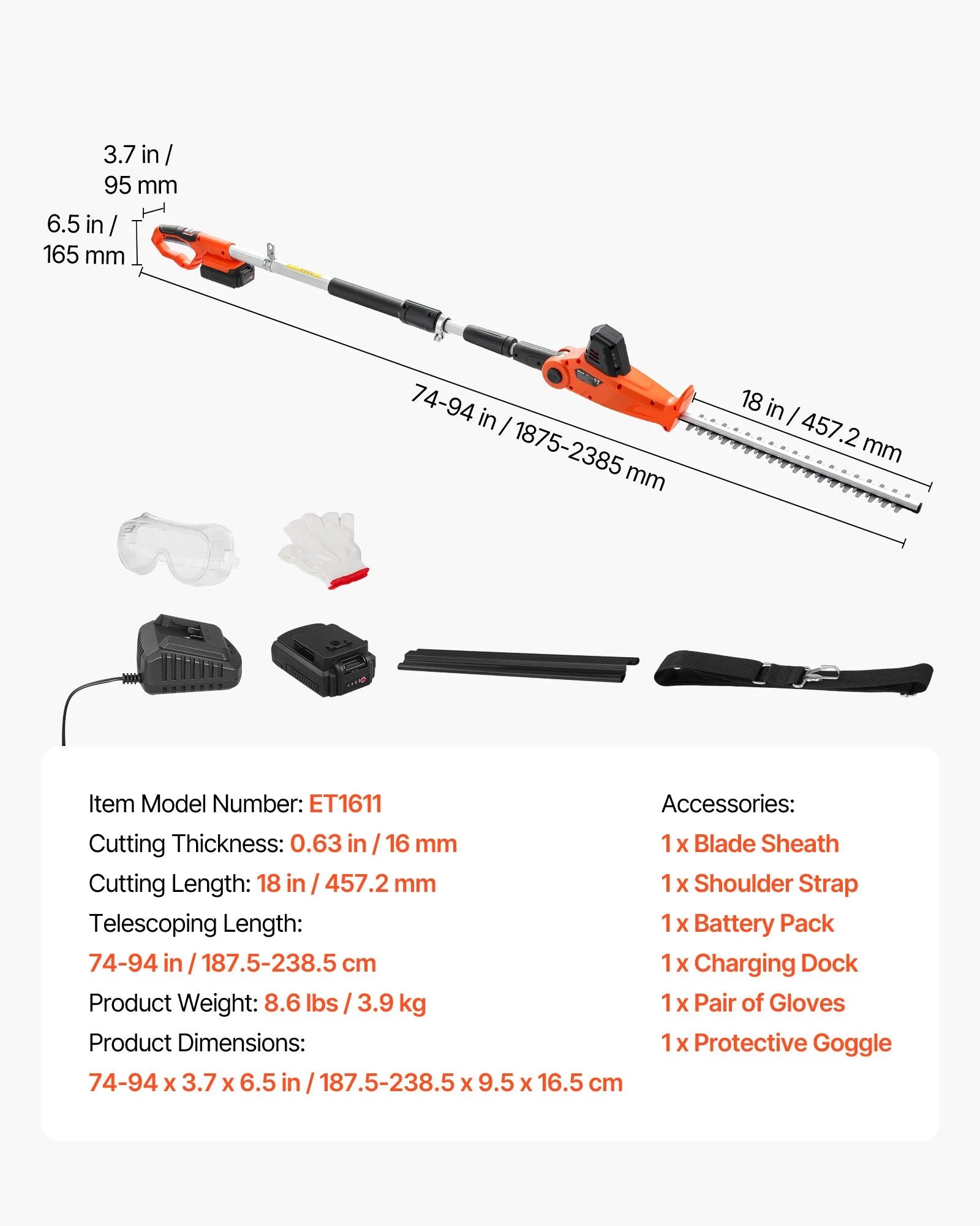 Cordless Pole Hedge Trimmer, 20V Electric Telescoping Hedge Trimmer Kit with 18" Dual-Action Steel Blade, Battery & Fast Charger Included