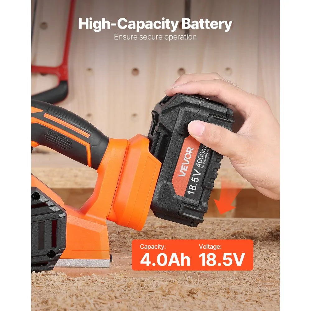 VEVOR Cordless Handheld Planer, 3-1/4-Inch Cut Width, 15000 RPM Electric Hand Wood Planer with 4.0 Ah 18V Lithium Battery, Brushless Motor, Adjustable Cut Depth, Dust Collection Bag, for Woodworking