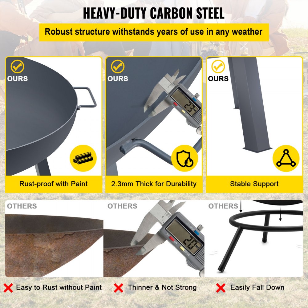 VEVOR Fire Pit Bowl, 34-Inch Deep Round Carbon Steel Fire Bowl, Wood Burning for Outdoor Patios, Backyards & Camping Uses, Portable Handles and A Firewood Stick, Black