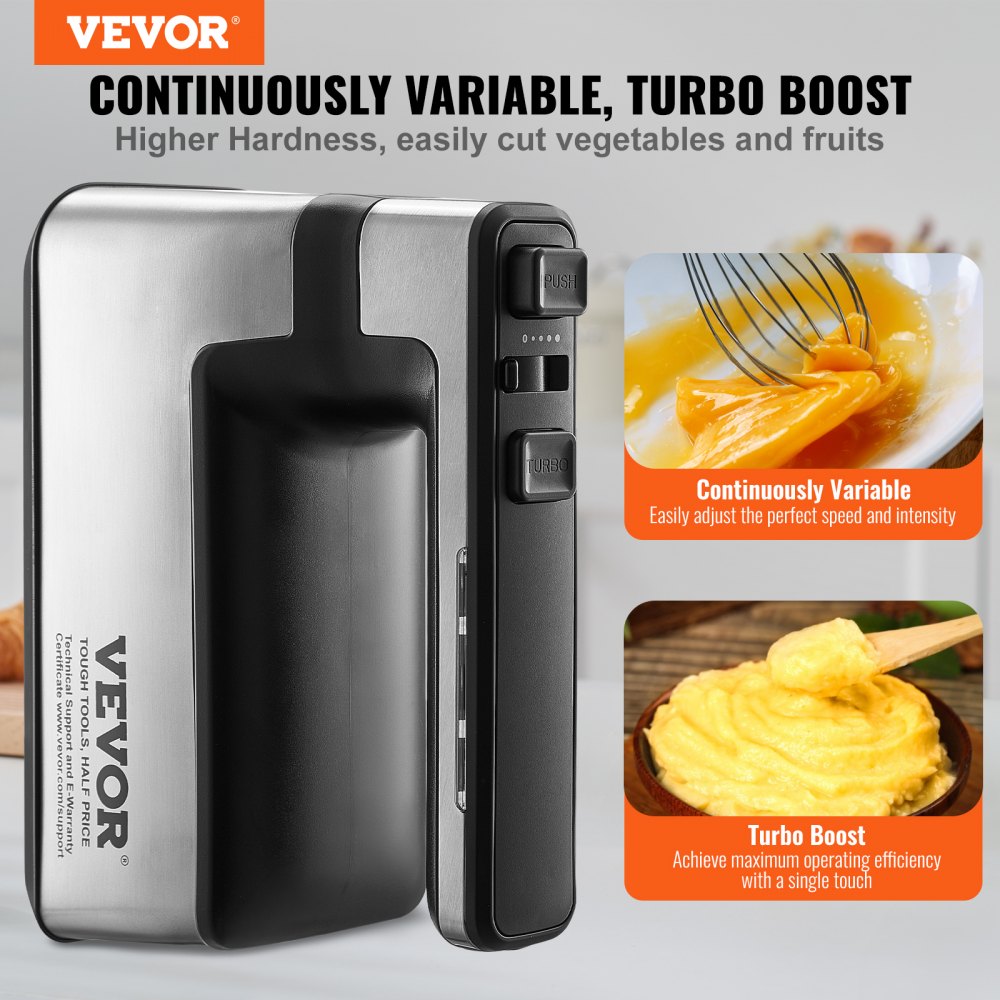 VEVOR Cordless Electric Hand Mixer, 250W, Continuously Variable Electric Handheld Mixer, with Turbo Boost Beaters Dough Hooks Storage Bag, Baking Supplies for Whipping Mixing Egg Cookie Cake Cream