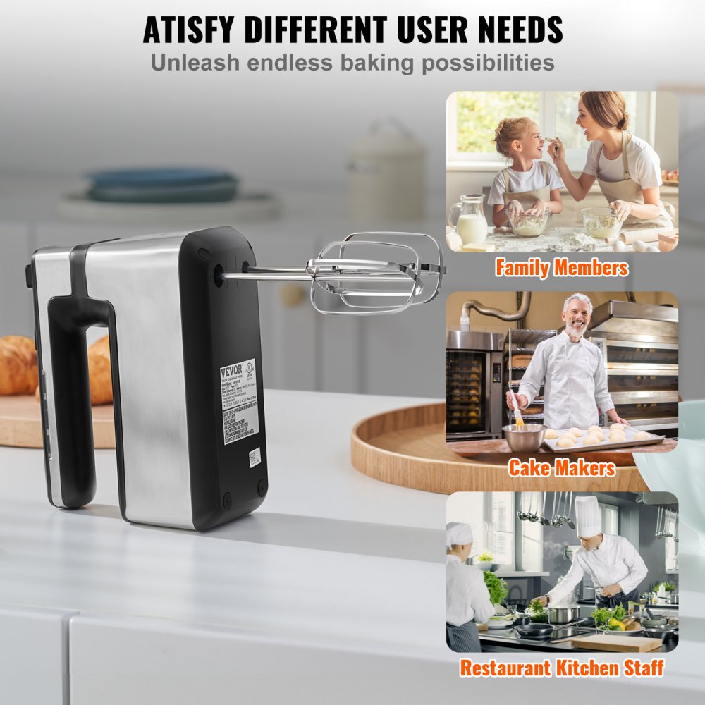 VEVOR Cordless Electric Hand Mixer, 250W, Continuously Variable Electric Handheld Mixer, with Turbo Boost Beaters Dough Hooks Storage Bag, Baking Supplies for Whipping Mixing Egg Cookie Cake Cream