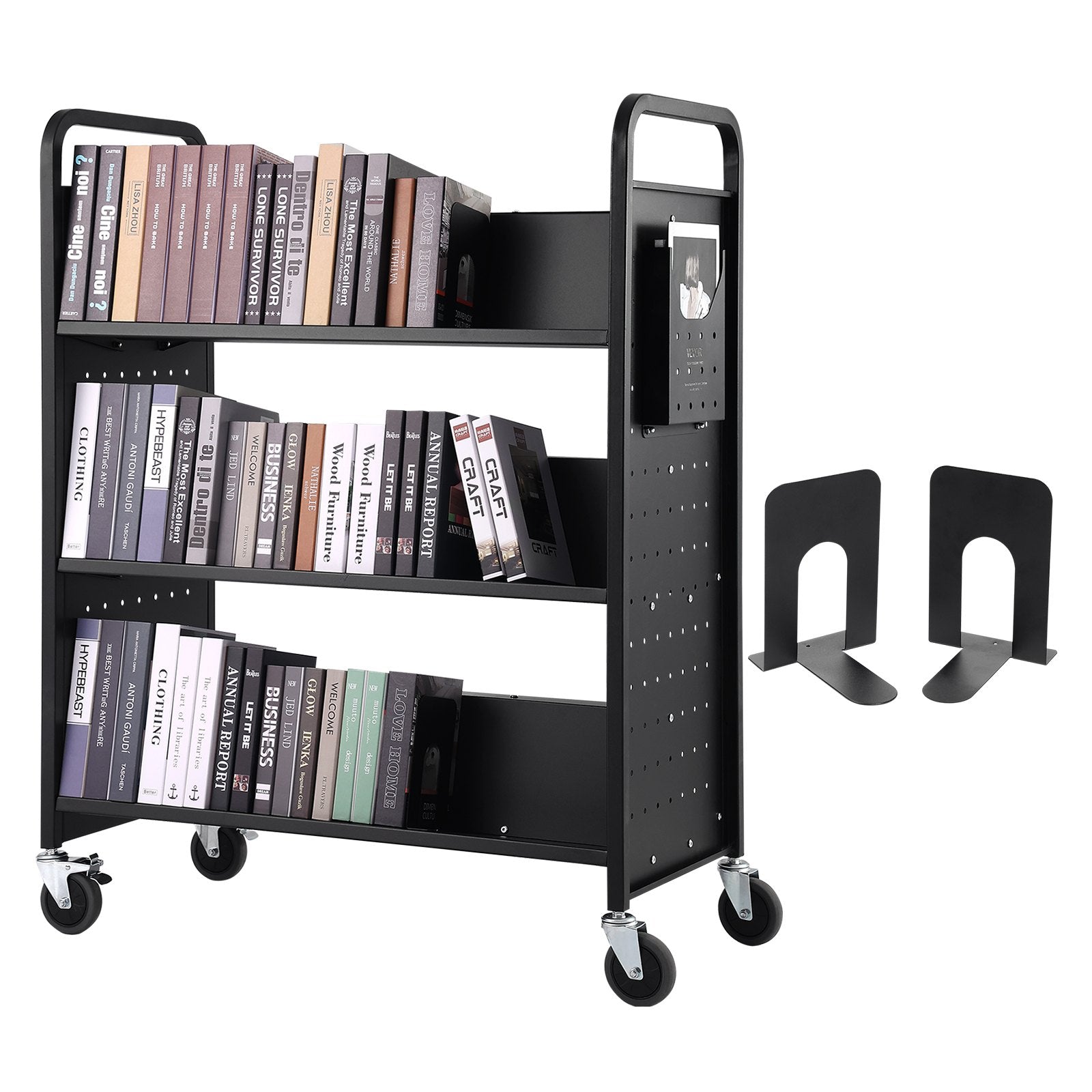 VEVOR Book Cart, 330 lbs Library Cart, 39.4" x 20.1" x 49.2" Rolling Book Cart, Double Sided W-Shaped Sloped Shelves with 4-Inch Lockable Wheels for Home Shelves Office School, Book Truck in Black