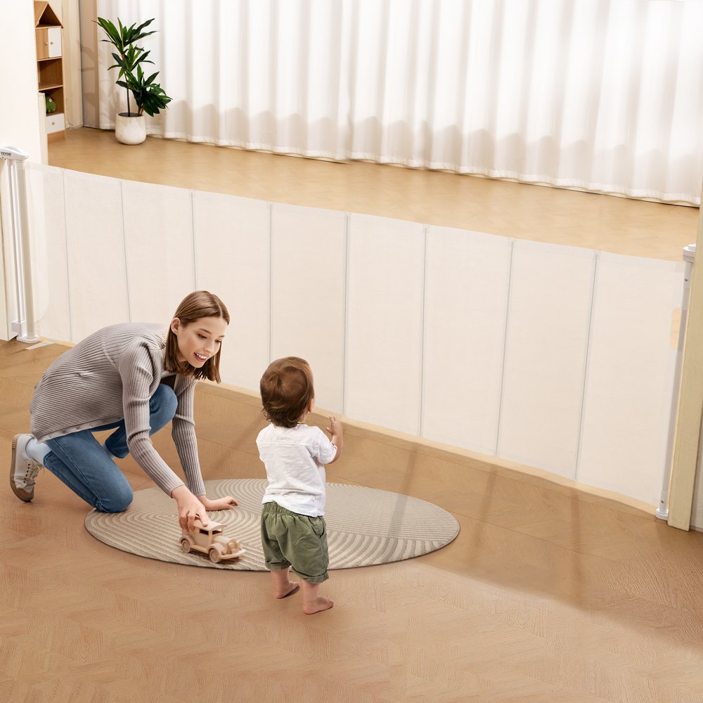 VEVOR Mesh Baby Gate, 34.2" Tall Retractable Baby Gate, Extends up to 116.1" Wide Retractable Gate for Kids or Pets, Retractable Dog Gates for Indoor Stairs, Doorways, Hallways, Playrooms, White