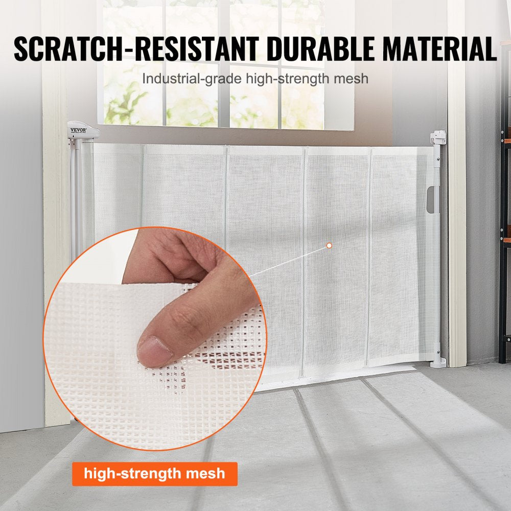 VEVOR Mesh Baby Gate, 34.2" Retractable Baby Gate, Extends up to 60" Wide Retractable Gate for Kids or Pets, Retractable Dog Gates for Indoor Stairs, Doorways, Hallways, Playrooms, White