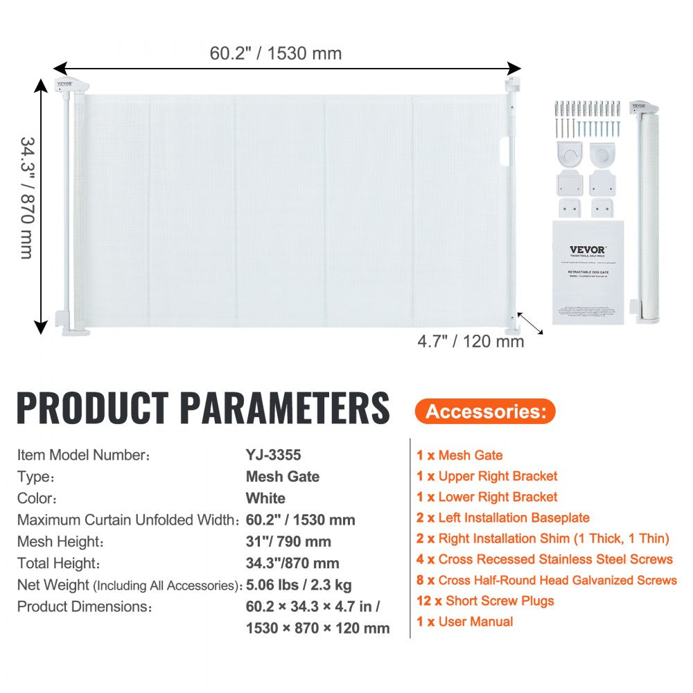 VEVOR Mesh Baby Gate, 34.2" Retractable Baby Gate, Extends up to 60" Wide Retractable Gate for Kids or Pets, Retractable Dog Gates for Indoor Stairs, Doorways, Hallways, Playrooms, White