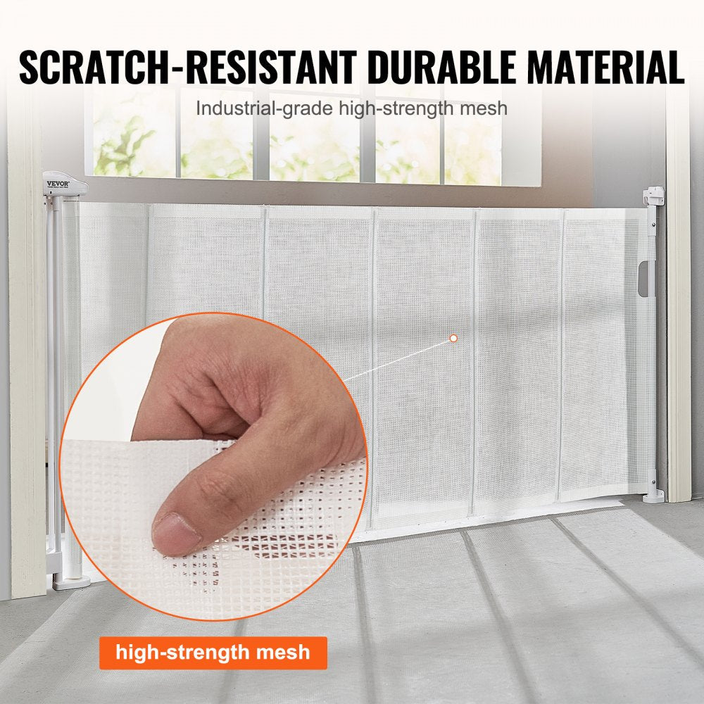 VEVOR Mesh Baby Gate, 34.2" Retractable Baby Gate, Extends up to 76.8" Wide Retractable Gate for Kids or Pets, Retractable Dog Gates for Indoor Stairs, Doorways, Hallways, Playrooms, White