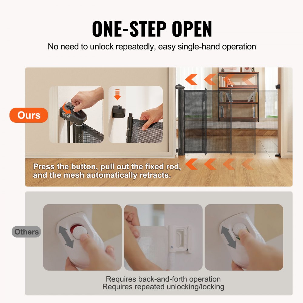 VEVOR Mesh Baby Gate, 34.2" Tall Retractable Baby Gate, Extends up to 116.1" Wide Retractable Gate for Kids or Pets, Retractable Dog Gates for Indoor Stairs, Doorways, Hallways, Playrooms, Black