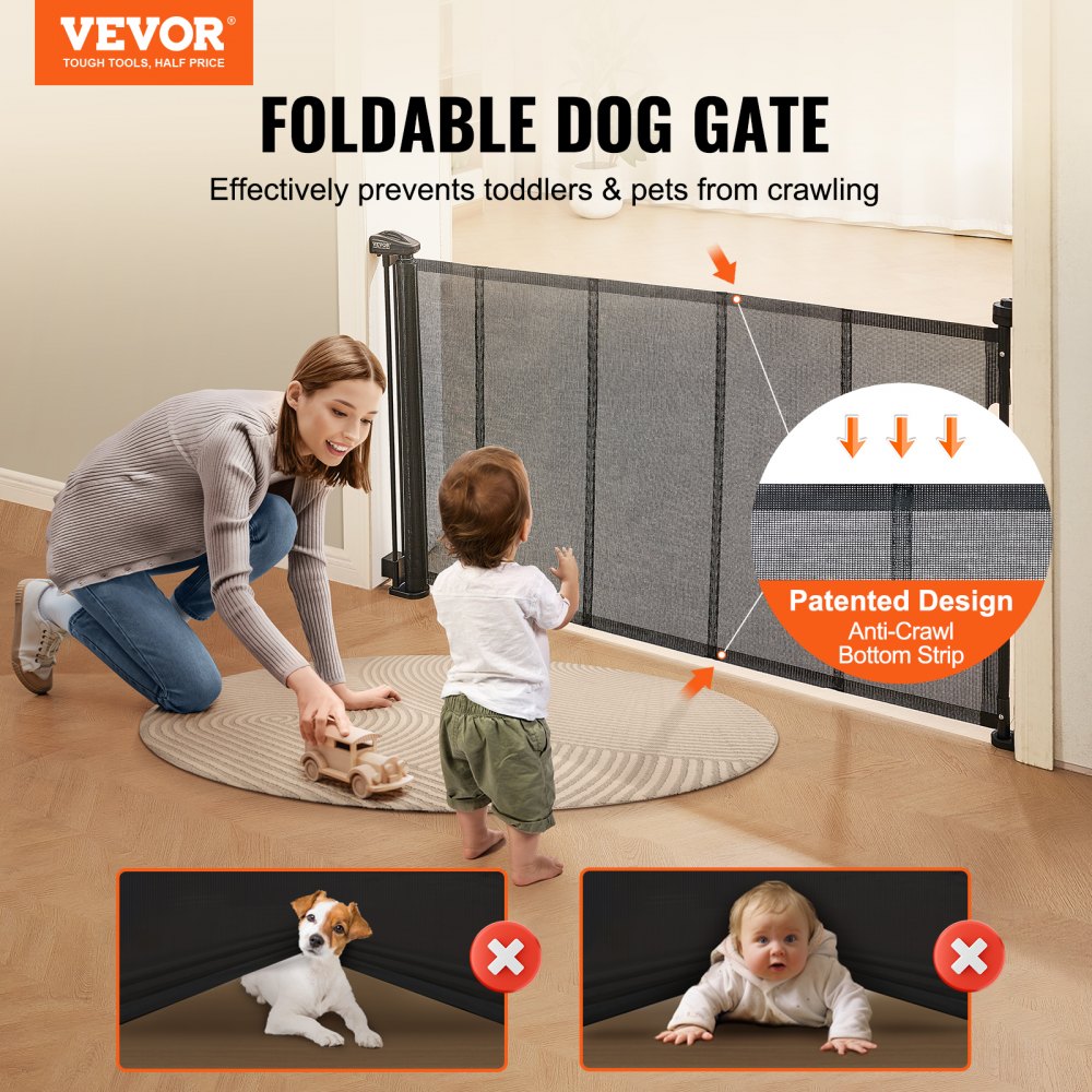 VEVOR Mesh Baby Gate, 34.2" Retractable Baby Gate, Extends up to 60" Wide Retractable Gate for Kids or Pets, Retractable Dog Gates for Indoor Stairs, Doorways, Hallways, Playrooms, Black