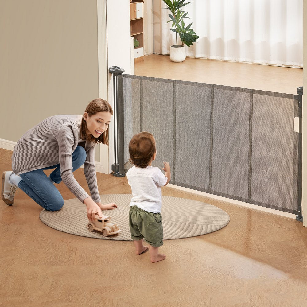 VEVOR Mesh Baby Gate, 34.2" Tall Retractable Baby Gate, Extends up to 60" Wide Retractable Gate for Kids or Pets, Retractable Dog Gates for Indoor Stairs, Doorways, Hallways, Playrooms, Gray