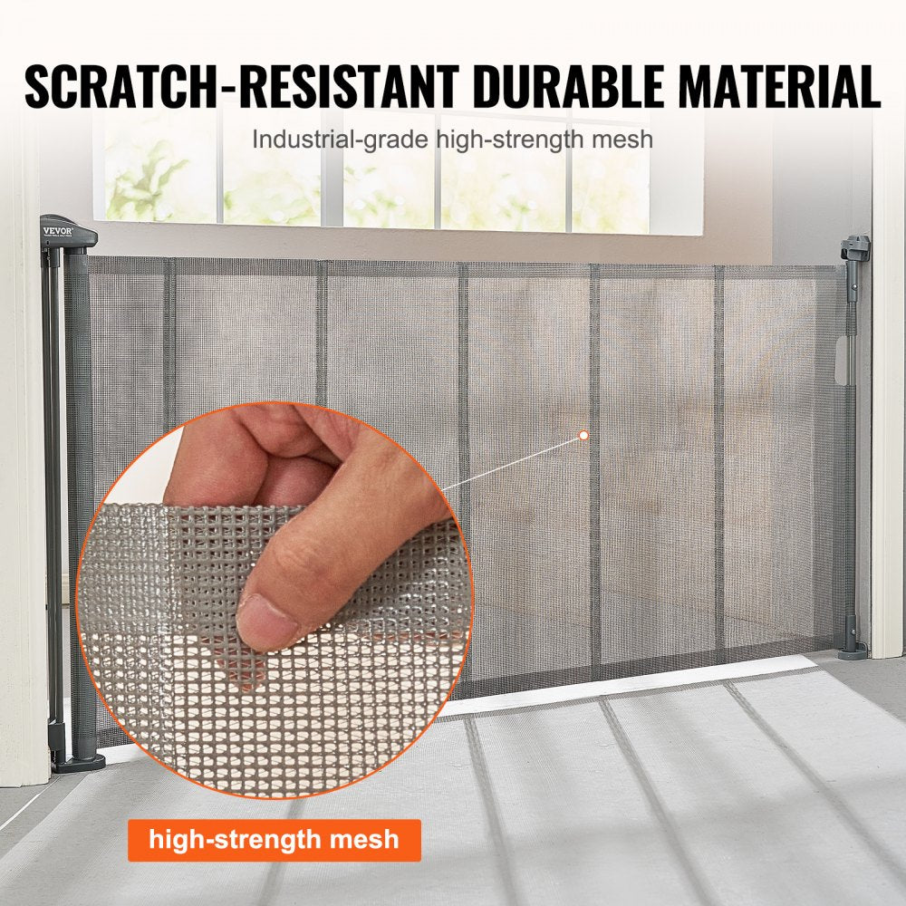 VEVOR Mesh Baby Gate, 34.2" Tall Retractable Baby Gate, Extends up to 76.8" Wide Retractable Gate for Kids or Pets, Retractable Dog Gates for Indoor Stairs, Doorways, Hallways, Playrooms, Gray