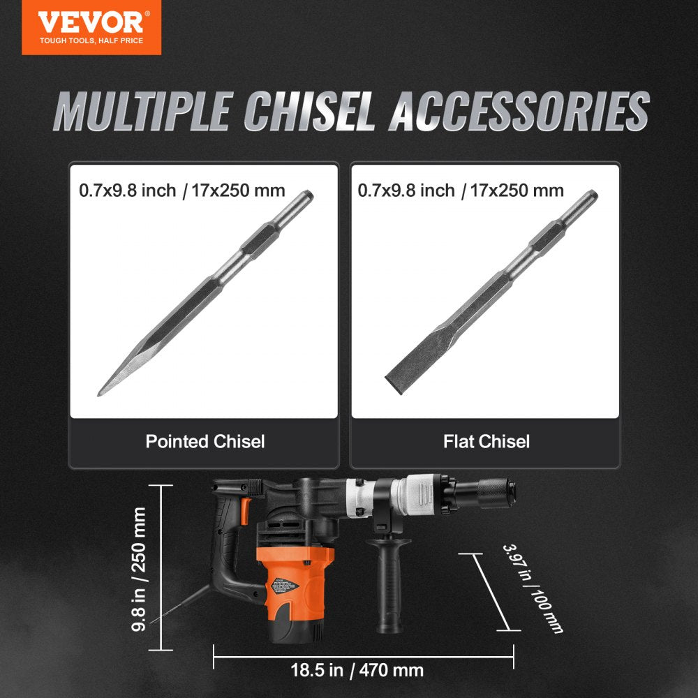 VEVOR Demolition Jack Hammer, 1400W Electric Jackhammer Heavy Duty, 2900 BPM Concrete Breaker 2pcs Chisels Bits Chipping W/Case, Gloves