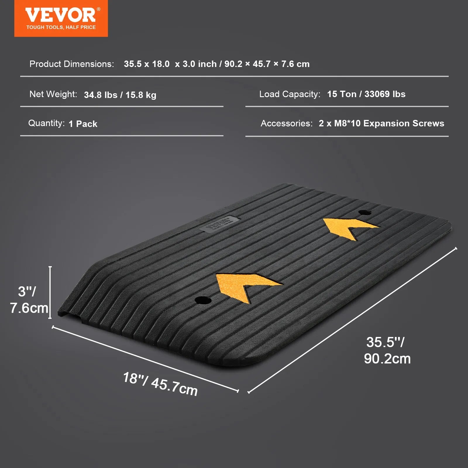VEVOR Upgraded Rubber Threshold Ramp, 3" Rise Door Ramp with 1 Channel, Natural Rubber Car Ramp with Non-Slip Textured Surface, 33069 lbs Load Capacity Curb Ramp for Wheelchair and Scooter