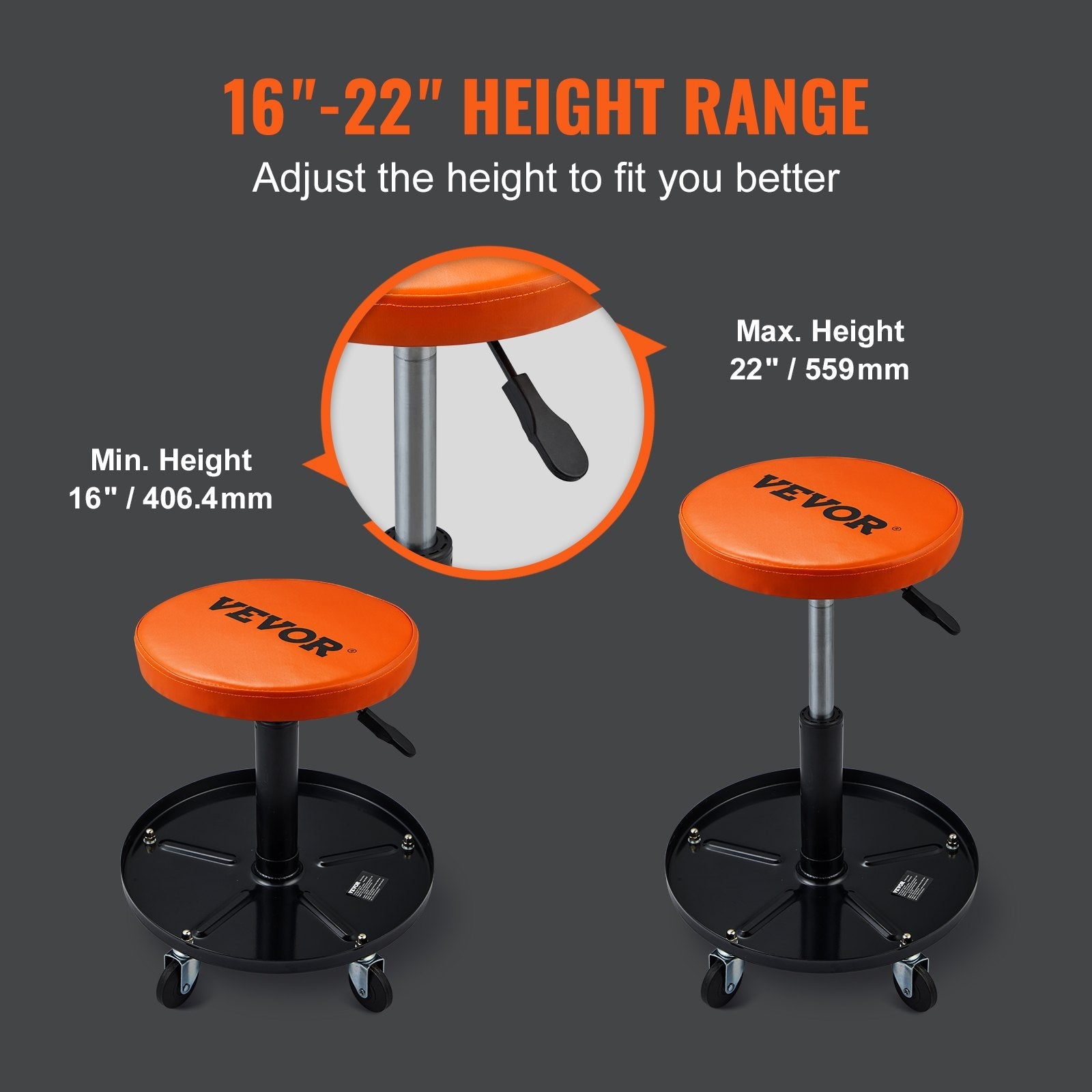 VEVOR Mechanic Stool, 250 LBS Rolling Pneumatic Creeper Garage/Shop Seat, Adjustable Height 16 in-22 in Padded Rolling Workshop Stool with Tool Tray, for Garage, Shop, Auto Repair, Black+Orange