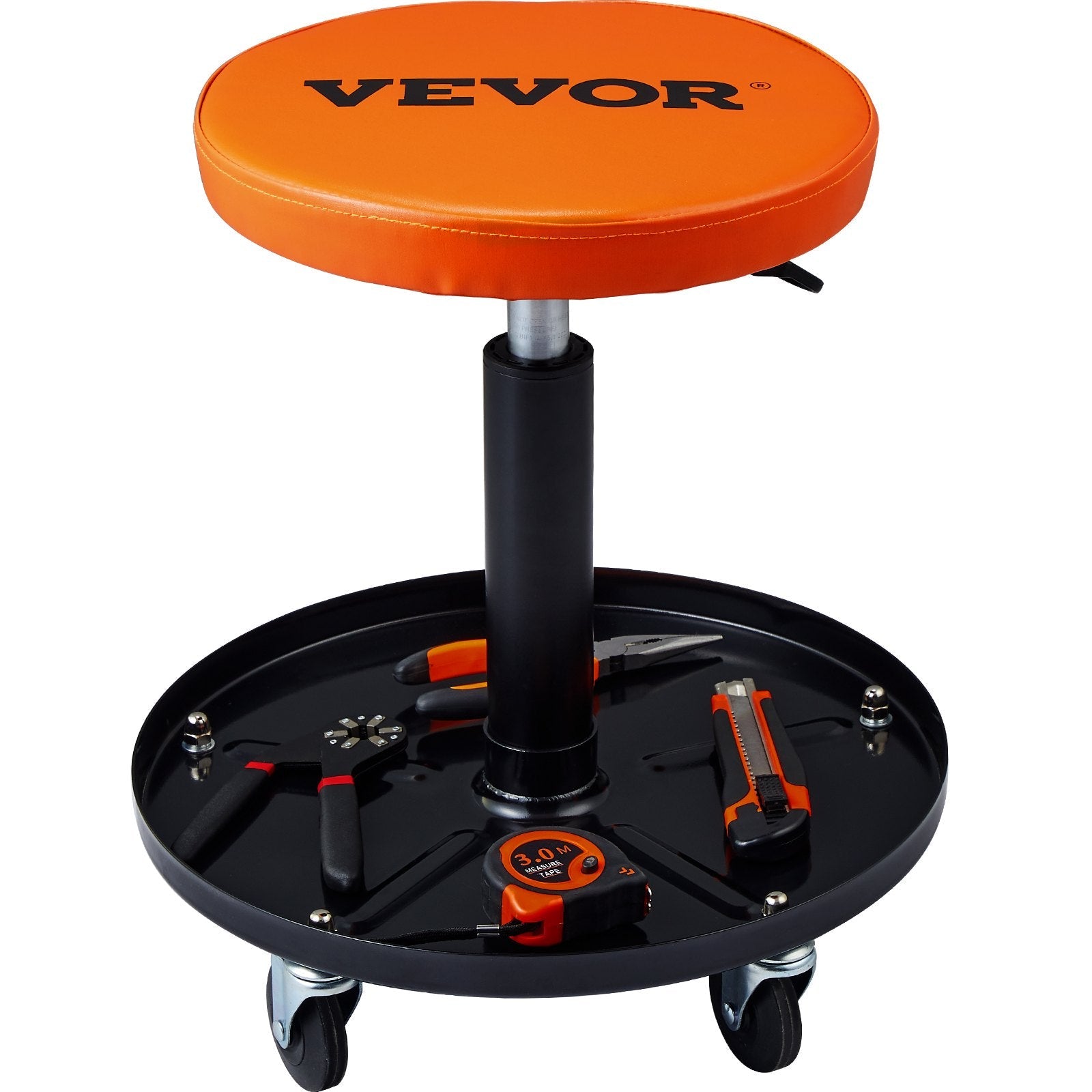 VEVOR Mechanic Stool, 250 LBS Rolling Pneumatic Creeper Garage/Shop Seat, Adjustable Height 16 in-22 in Padded Rolling Workshop Stool with Tool Tray, for Garage, Shop, Auto Repair, Black+Orange