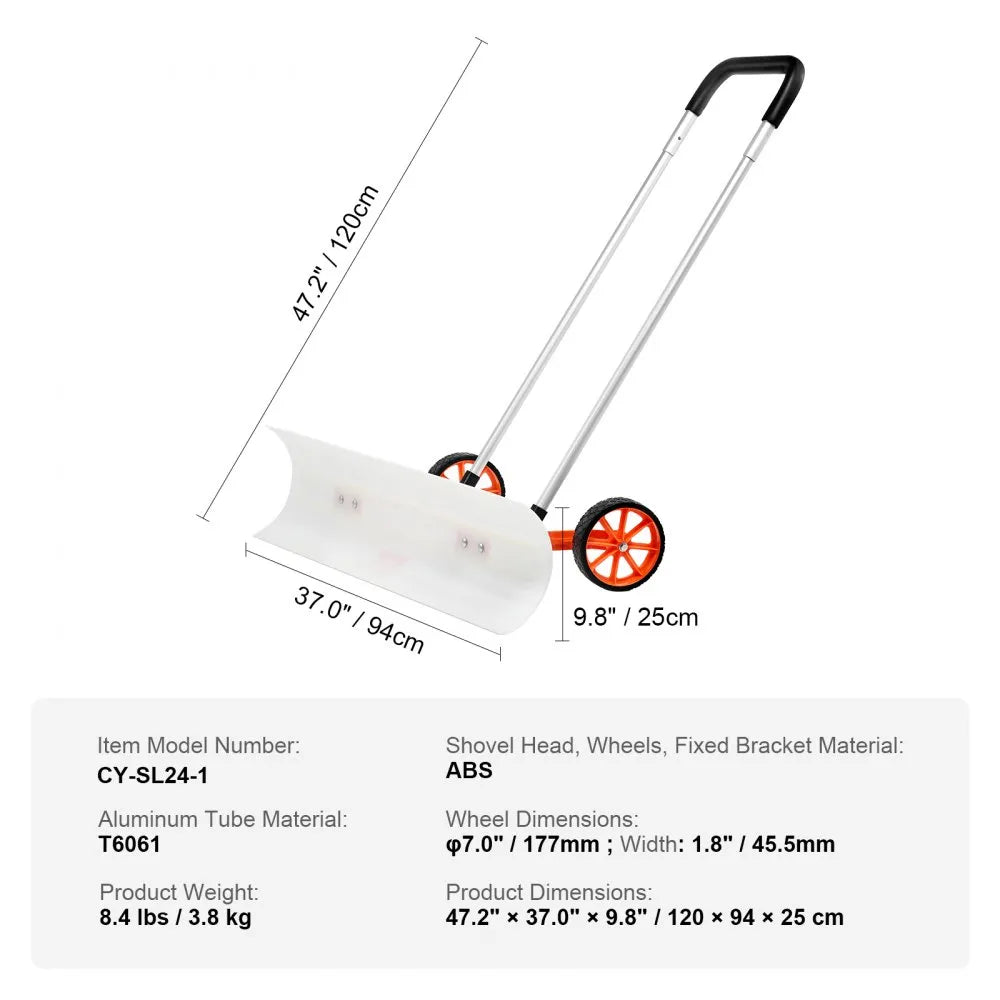 37-Inch Snow Shovel with Wheels, Wide ABS Blade and U-Shaped Aluminum Handle