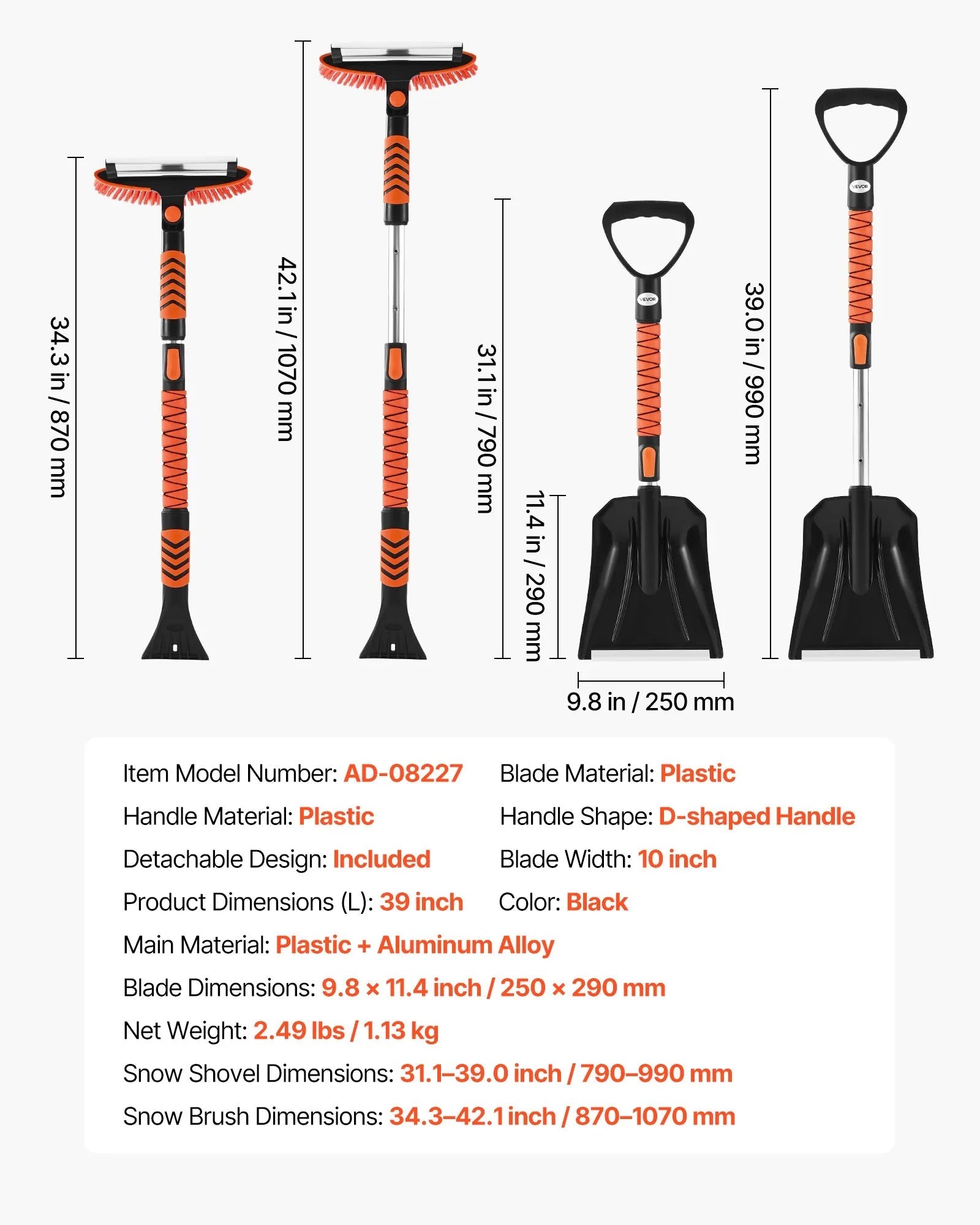 VEVOR Snow Shovel and Snow Brush, 42 in Extendable Snows Broom & Ice Scraper with 180° Pivoting Brush Head, Non-Slip Grip, Portable Winter Snows Removal Tools for Cars Trucks SUVs Vehicle
