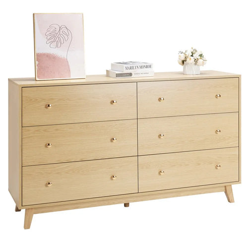 6 Drawer Dresser, Modern Wooden Storage Chest with Metal Handles & Anti-Tip Device, Light Wood