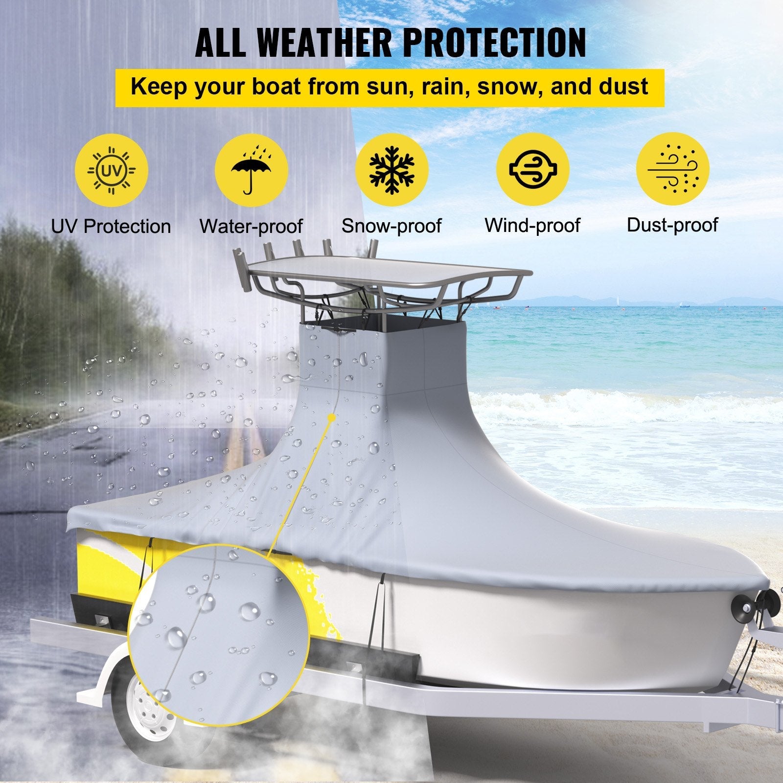 VEVOR T-Top Boat Cover, Fit for 16\'-18.5\' Boat, Heavy Duty 600D Marine Grade Oxford Hard Top Cover, UV Resistant Waterproof Center Console Boat Cover w/ 2 Support Poles and 5 Wind-Proof Straps, Gray