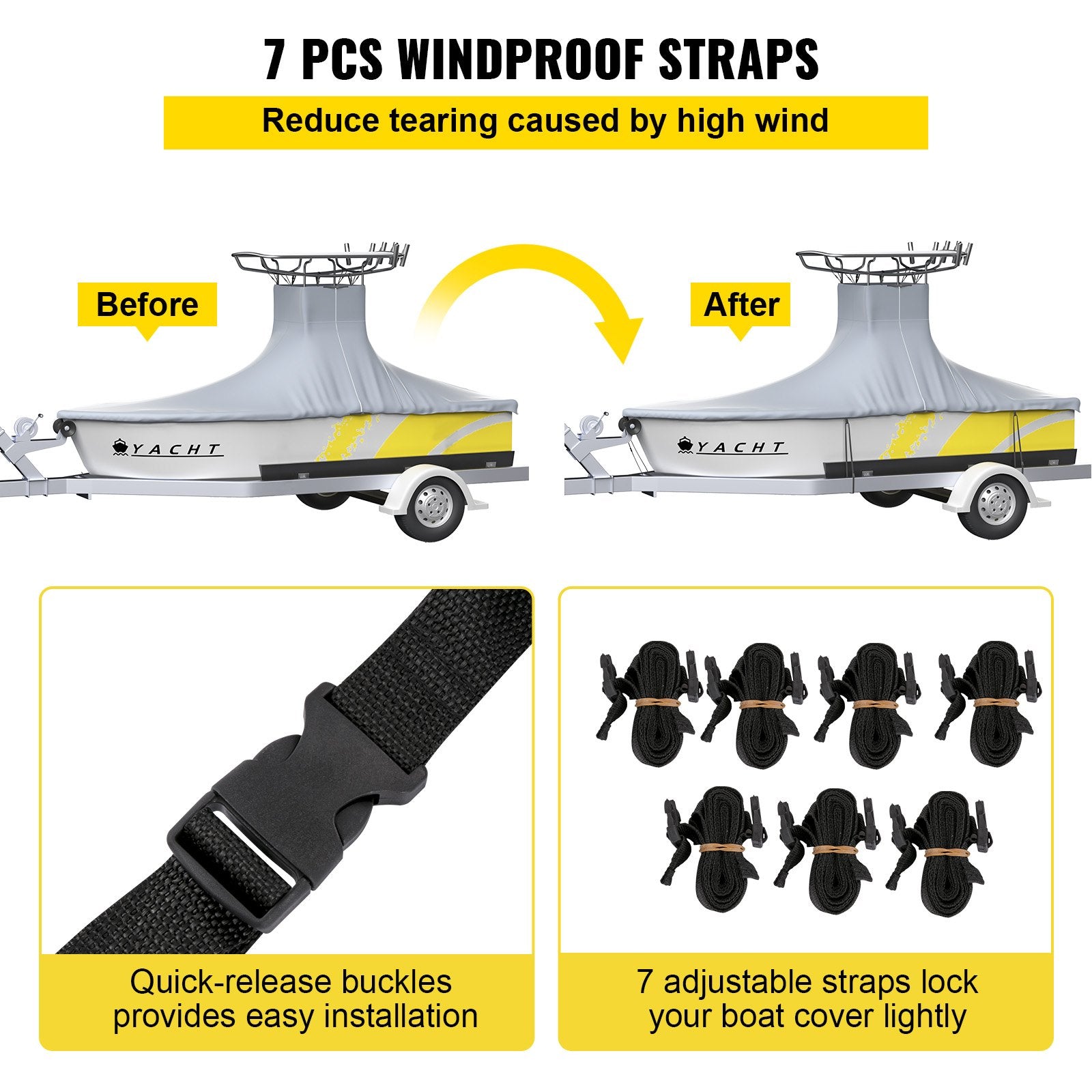 VEVOR T-Top Boat Cover, Fit for 22\'-24\' Boat, Heavy Duty 600D Marine Grade Oxford Hard Top Cover, UV Resistant Waterproof Center Console Boat Cover w/ 2 Support Poles and 7 Wind-Proof Straps, Gray