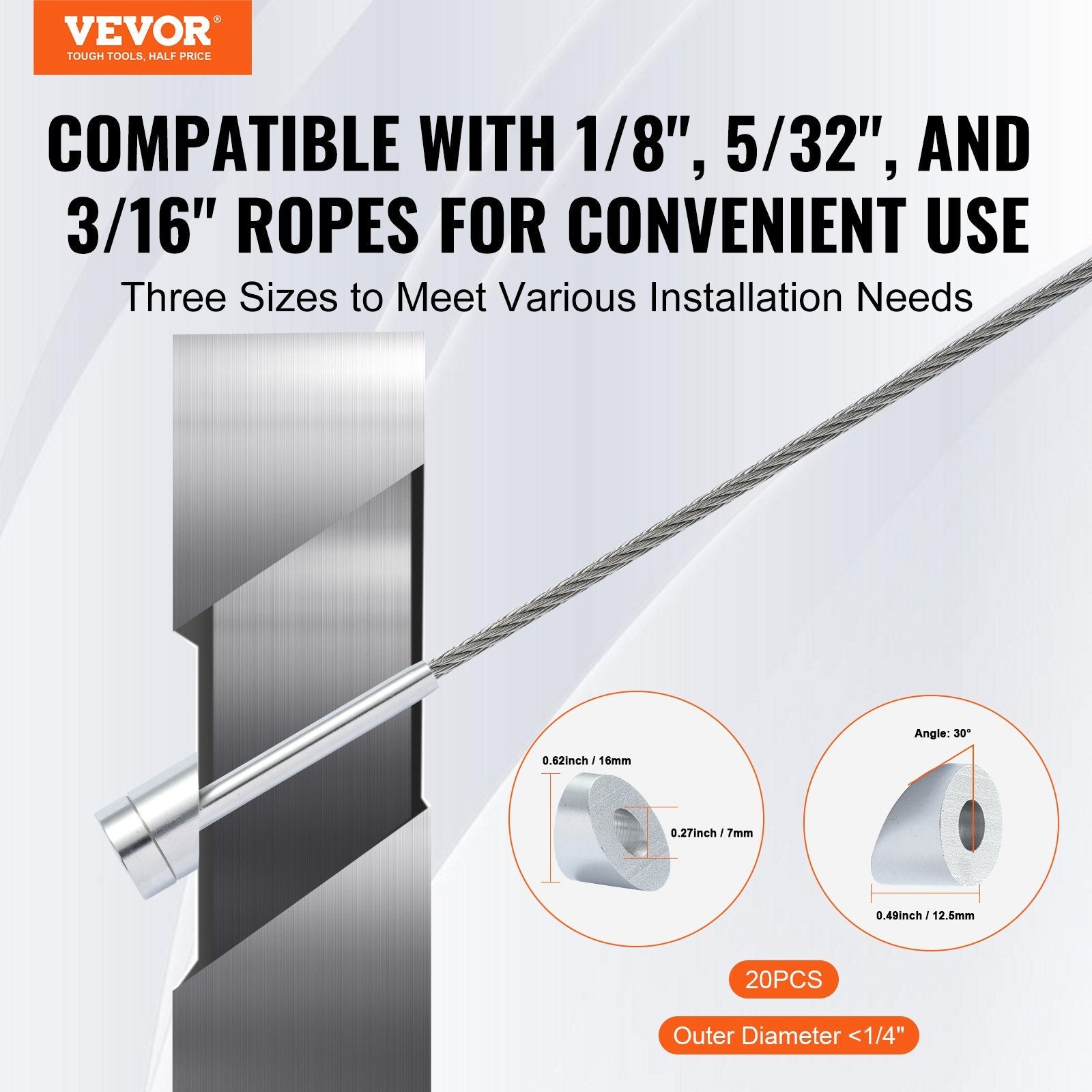 VEVOR 20Pack Cable Railing Kit 1/8" Wheel Protector Sleeves, Bundle with Black Invisible Swage Tensioner and Terminal, Cable Railing Safeguard Covers for 1/8" 3/16" Wire Rope Multi-Angle Install