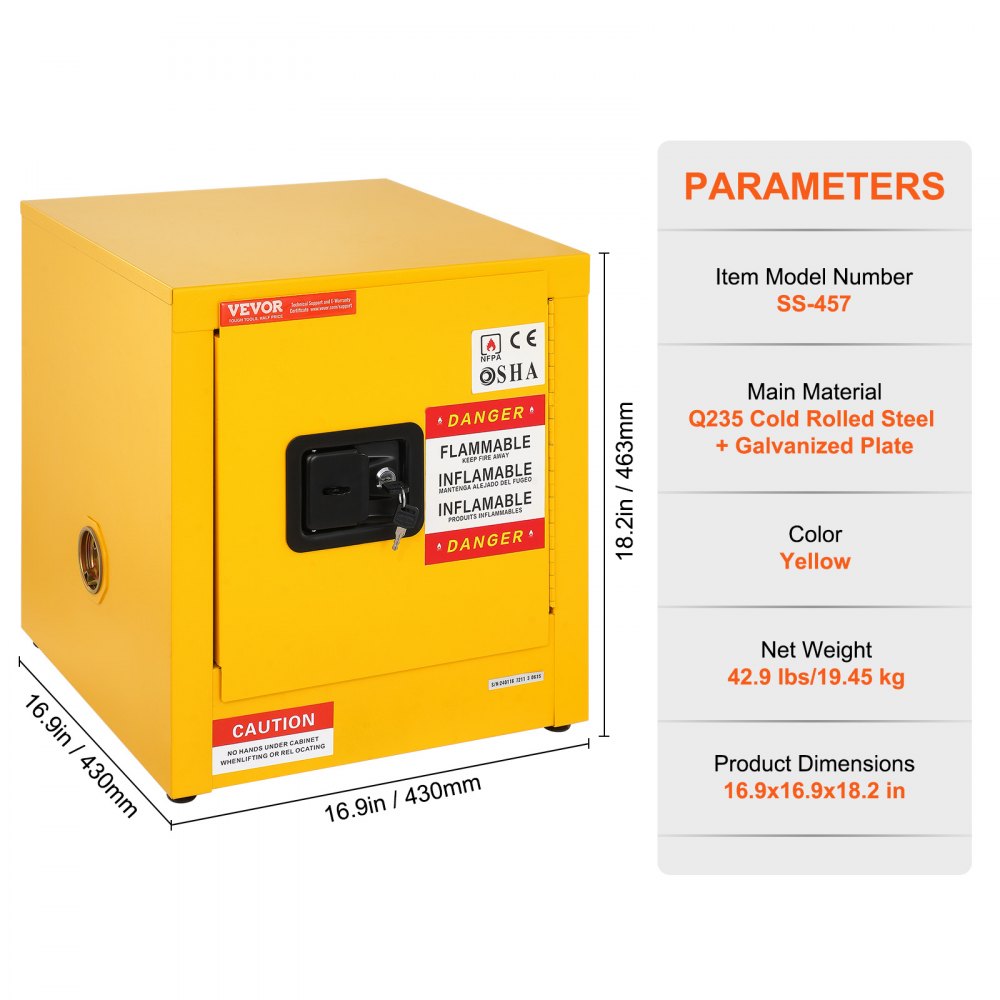 VEVOR Flammable Cabinet 17\" x 17\" x 18\", Galvanized Steel Safety Cabinet, Adjustable Shelf Flammable Storage Cabinet, for Commercial Industrial and Home Use