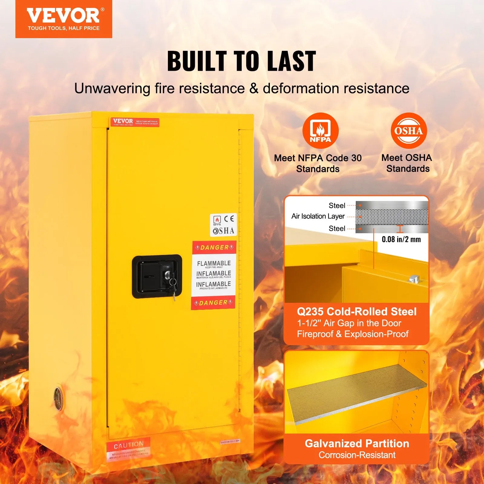 VEVOR Flammable Cabinet 18.1" x 18.1" x 35.4" Galvanized Steel Safety Cabinet Adjustable Shelf Flammable Storage Cabinet for Flammable Liquids