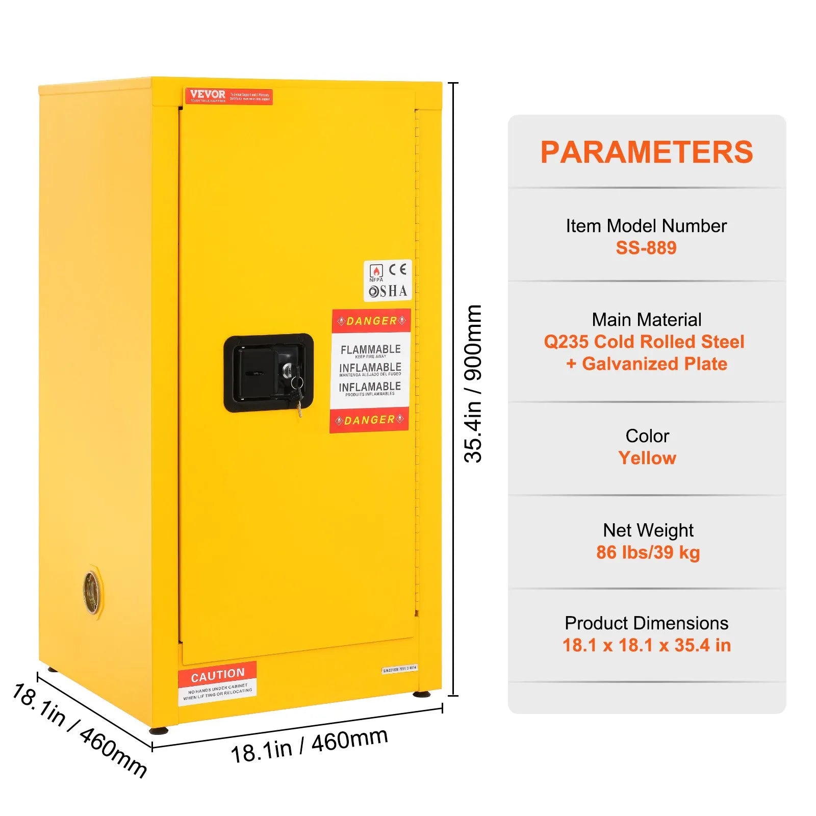 VEVOR Flammable Cabinet 18.1" x 18.1" x 35.4" Galvanized Steel Safety Cabinet Adjustable Shelf Flammable Storage Cabinet for Flammable Liquids