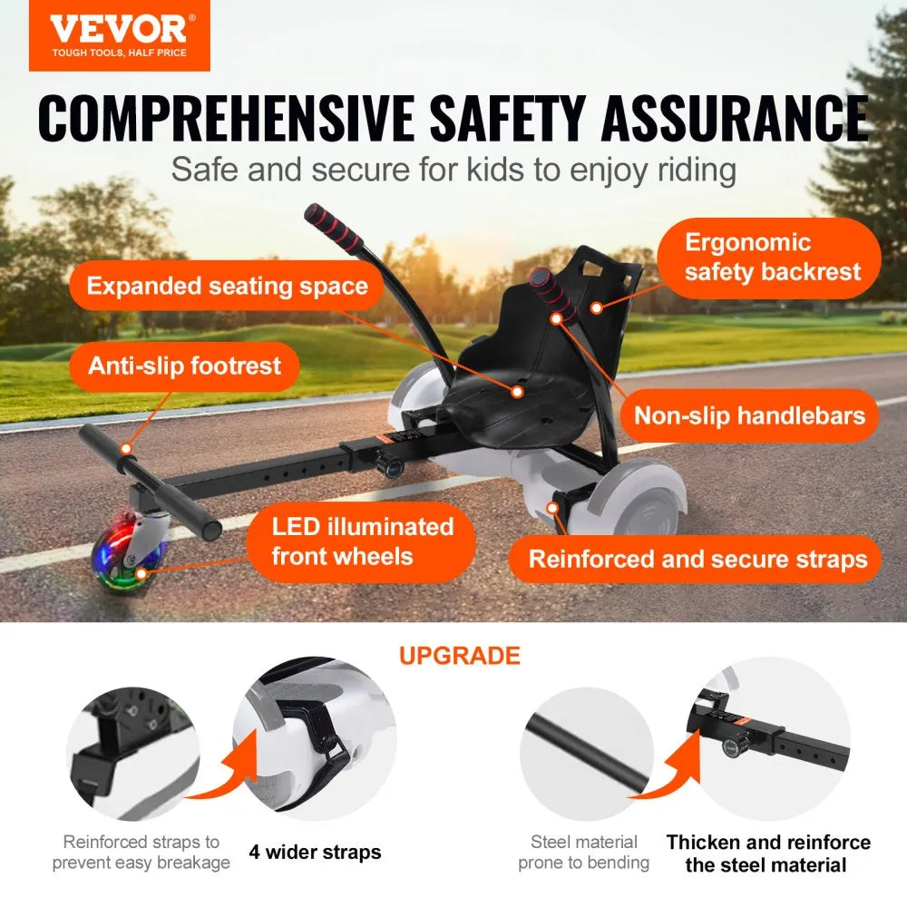 VEVOR Hoverboard Seat Attachment, for 6.5" 8" 8.5" 10" Hoverboards, with LED Lights, Grips Control, Adjustable Frame Length and 220 LBS Load Capacity, Hover Board Go Karts Accessory, for Kids Adults