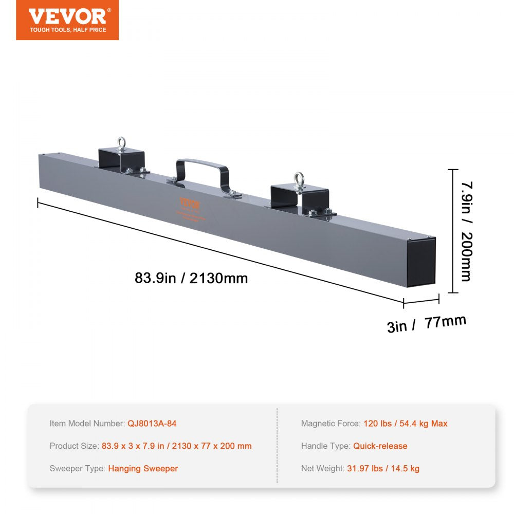 VEVOR Hanging Magnetic Sweeper Pickup Tool, 120lbs Nail Hang-Type Magnetic Forklift Sweeper, Industrial Grade Magnets Steel Material Hunting Accessories for Picking Up Nails Bolts Iron Chips Metals