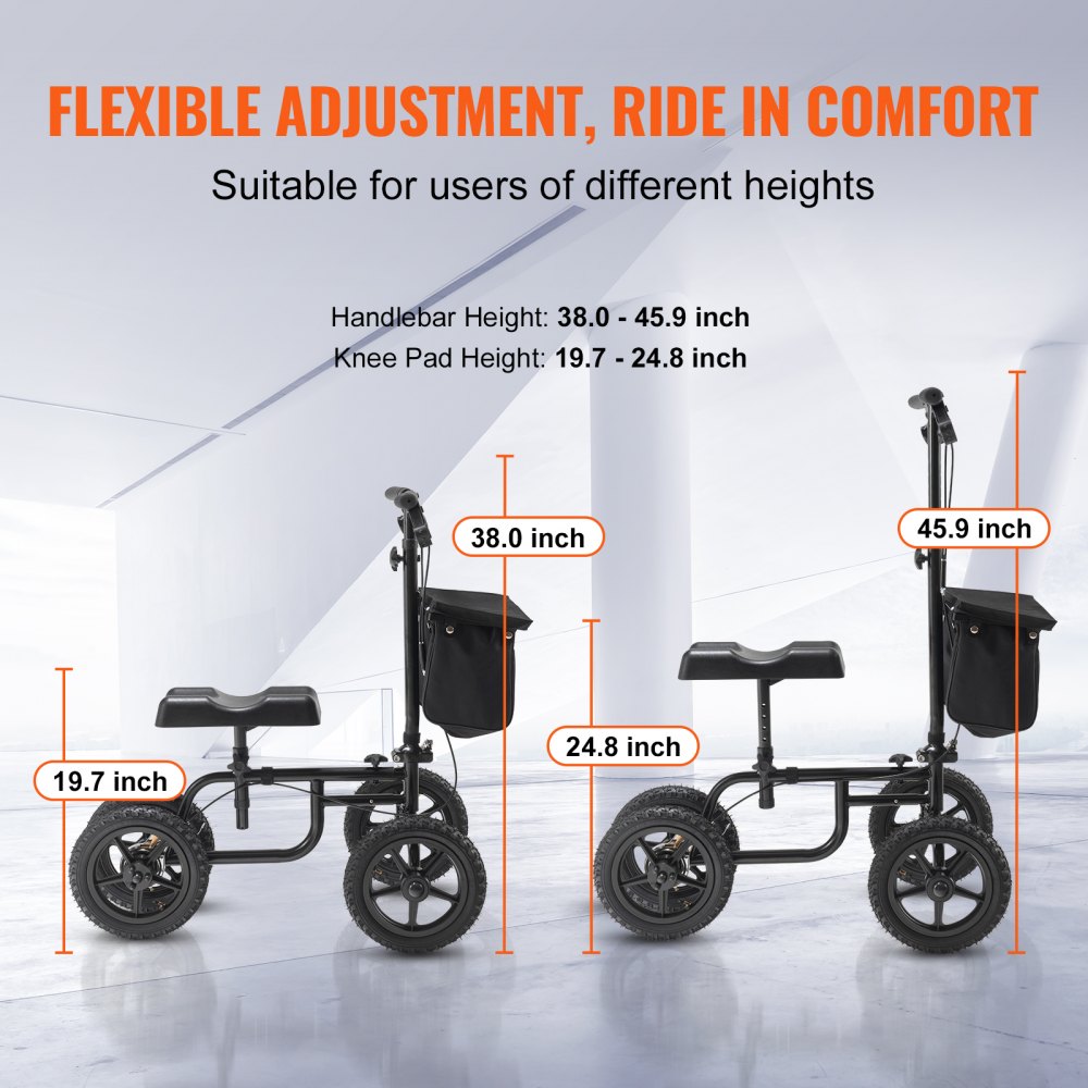 VEVOR Folding Knee Scooter, Carbon Steel Steerable Knee Walker with Height-Adjustable Handlebar & Knee Pad, 12" All-Terrain Wheel, Dual Brakes, Leg Recovery Scooter for Injured Ankle Foot Knee, 350LBS