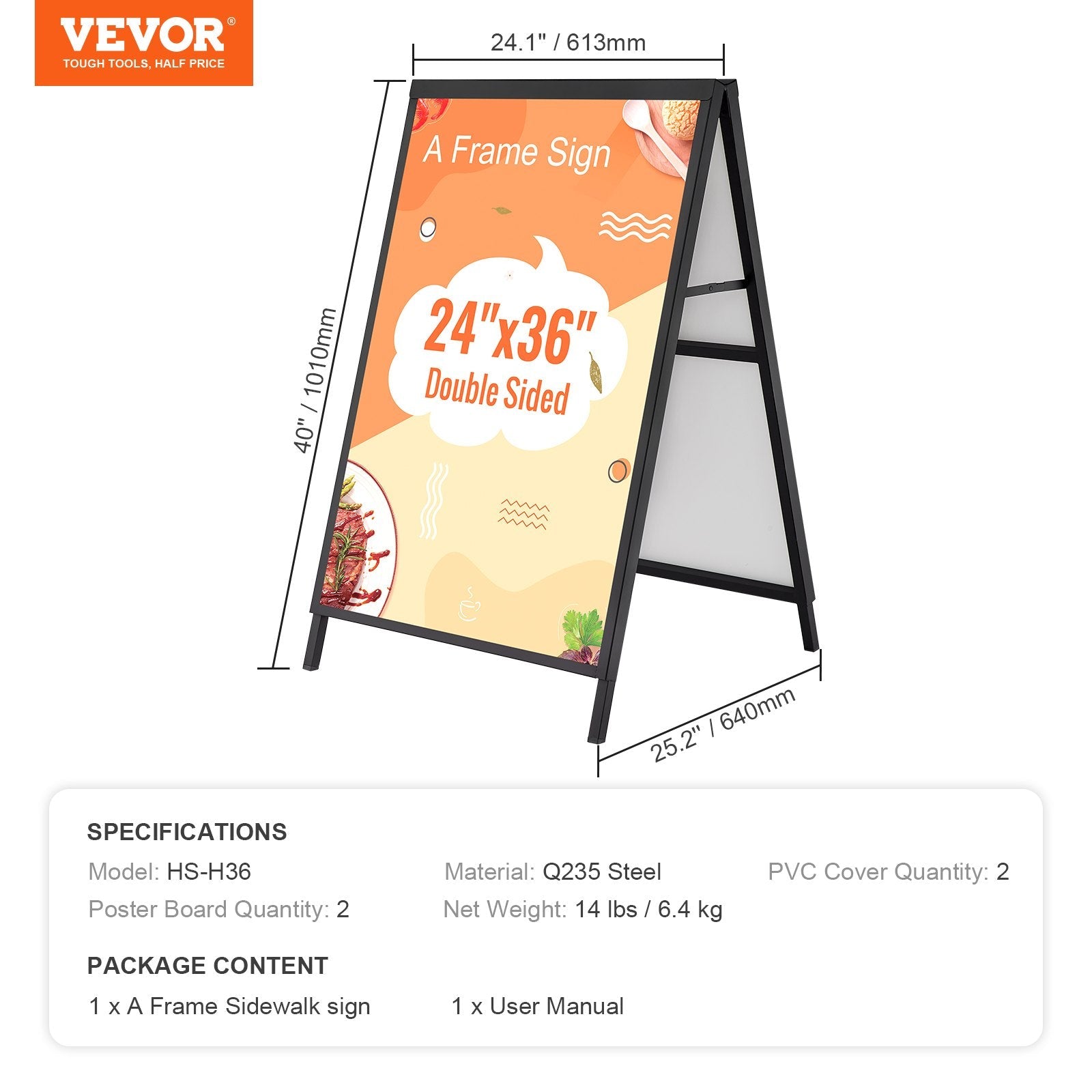 VEVOR A Frame Sidewalk Sign, 24x36 Inch Heavy Duty Slide-in Signboard Holder, Double-Sided Folding Sandwich Board Signs, Steel Pavement Sign Poster for Outdoor Business Street Advertising (Frame only)