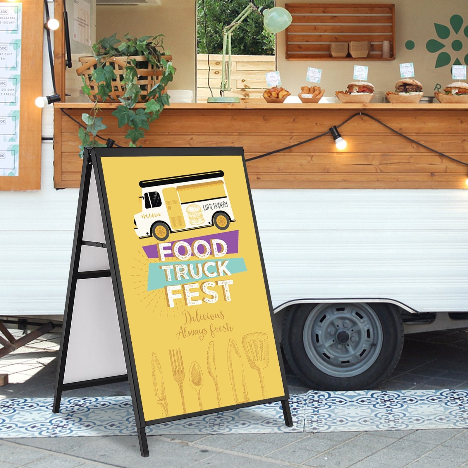 VEVOR A Frame Sidewalk Sign, 24x36 Inch Heavy Duty Slide-in Signboard Holder, Double-Sided Folding Sandwich Board Signs, Steel Pavement Sign Poster for Outdoor Business Street Advertising (Frame only)