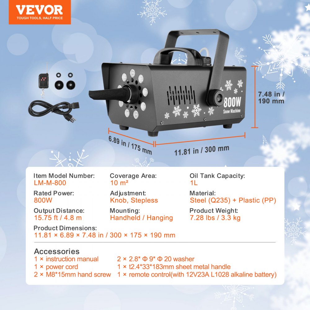 VEVOR Snow Machine 800W Handheld Hanging Snow Maker with LED Light for Holidays