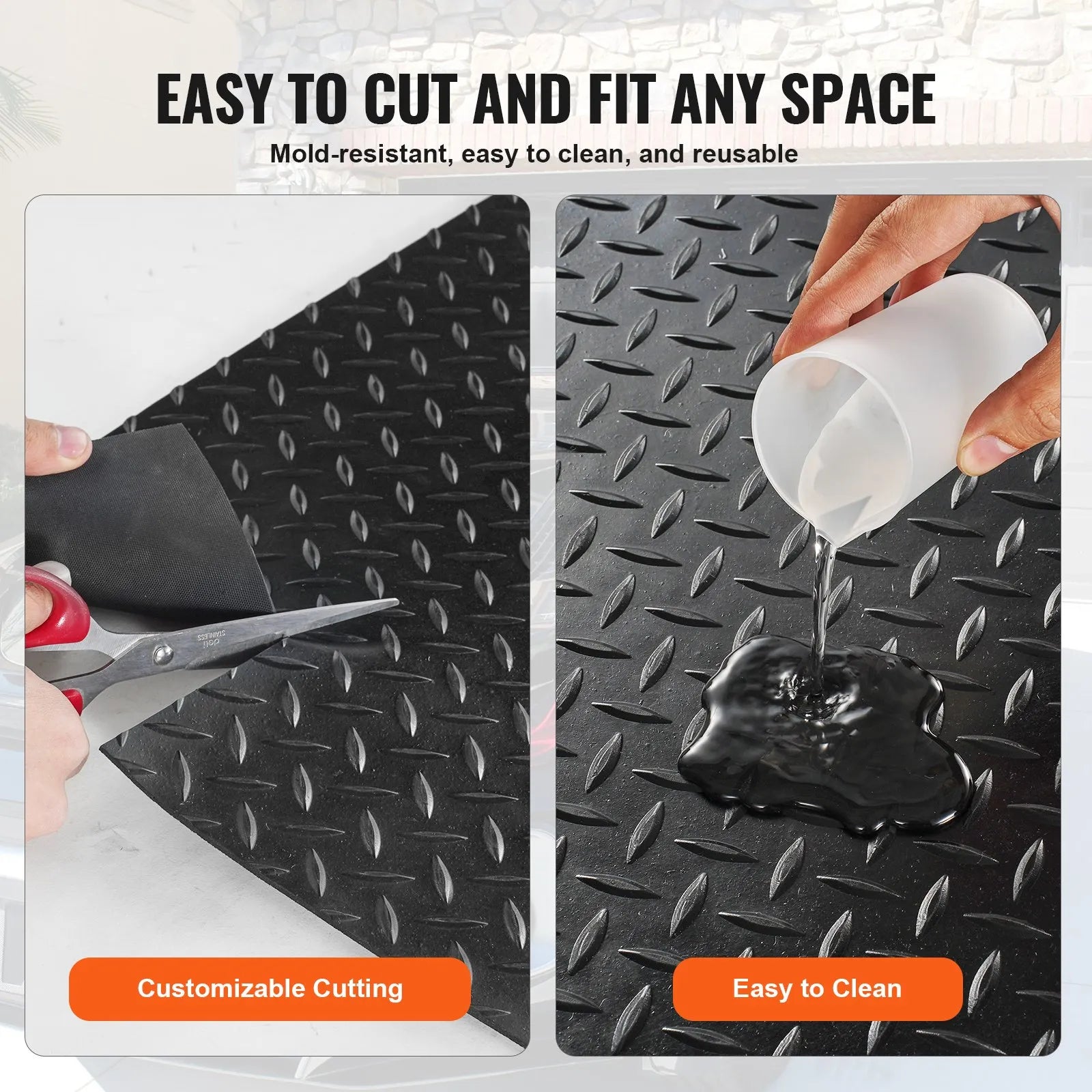 VEVOR Diamond-Plate Rubber Flooring Roll, 3 mm x 4 ft x 10 ft Garage Floor Mat, SBR Rubber Garage Flooring Roll, Easy to Clean, Diamond Plate Rubber Mat for Under Cars, Garage Industry Gym, Black