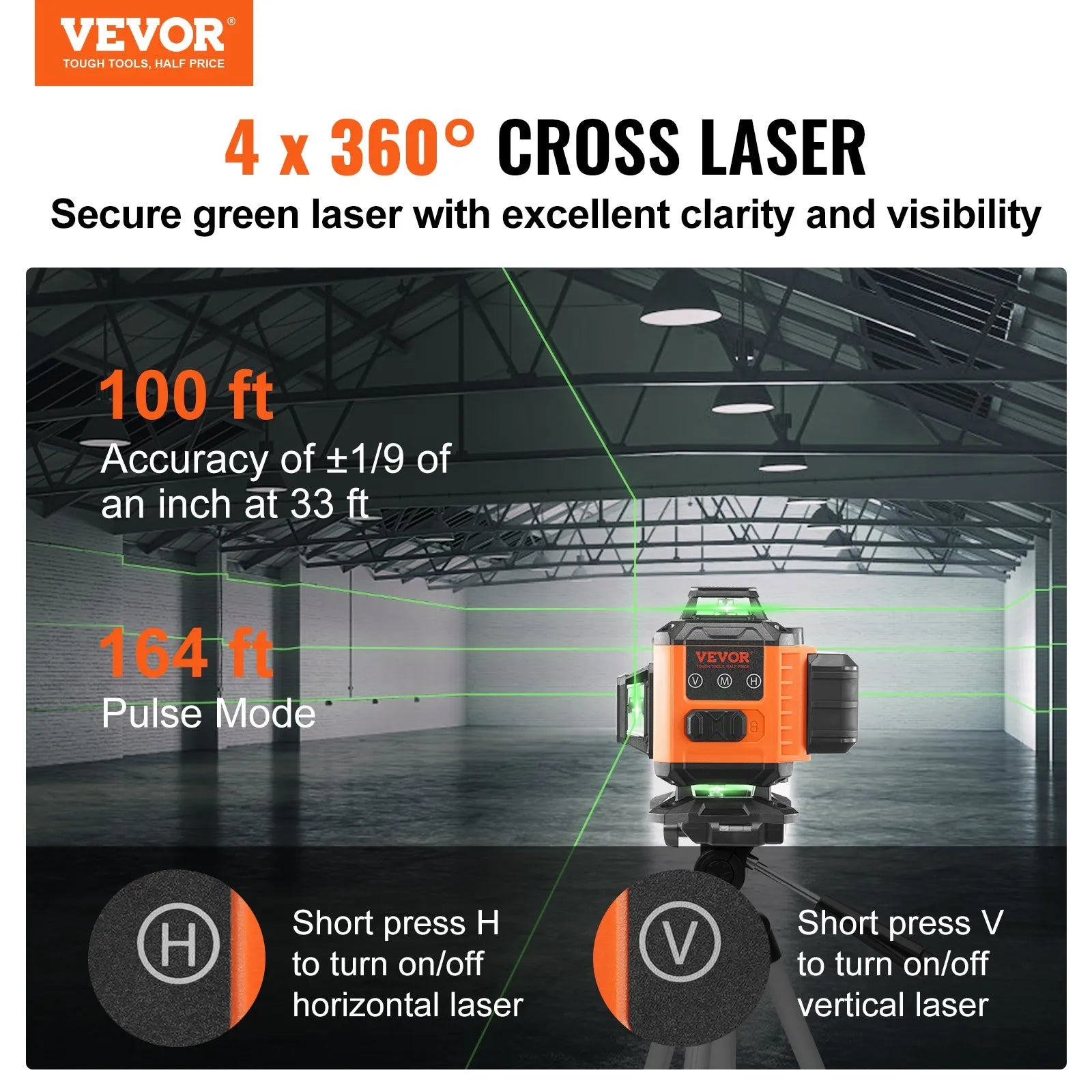 VEVOR Laser Level, 100ft, Self Leveling Manual Green 3 x 360° Cross Line Laser, IP54 Waterproof Remote Control Manual Self-leveling Mode & 5h Continuous Working Time Line Laser, Battery Include
