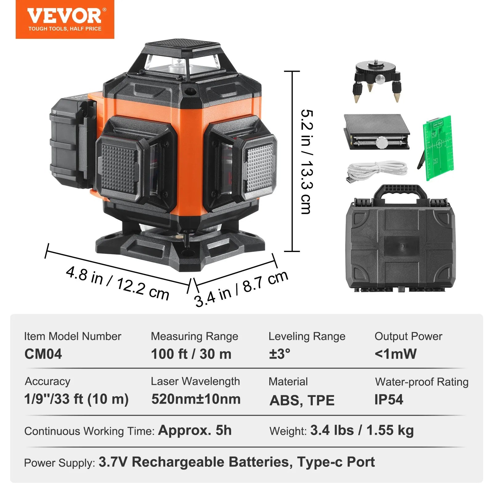 VEVOR Laser Level, 100ft, Self Leveling Manual Green 3 x 360° Cross Line Laser, IP54 Waterproof Remote Control Manual Self-leveling Mode & 5h Continuous Working Time Line Laser, Battery Include